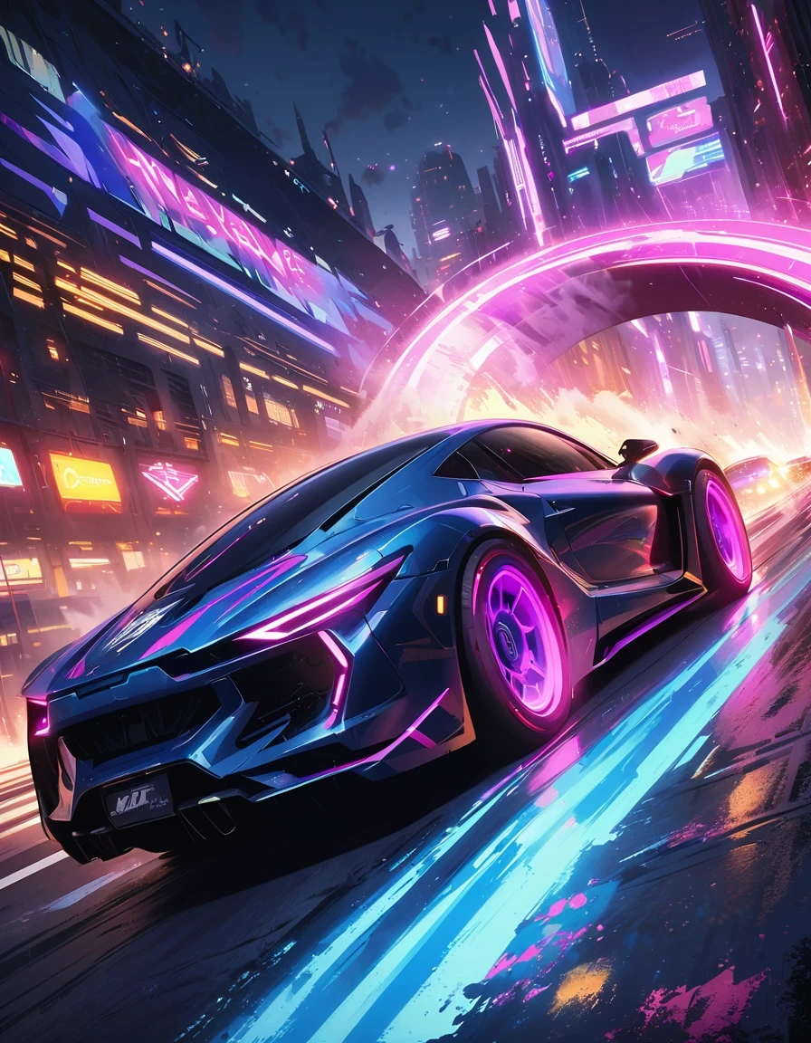 （best quality，4K，High resolution，masterpiece：1.2），super detailed，（lifelike：1.37），Future cyberpunk style car，highway，racing，interesting，bright colors，Futurism，moving rapidly，neon lights，vibrant action，Detailed car design，Dynamic perspective，city environment，smoke and exhaust，Breathtaking speed，adrenaline，,Passion and dreams，industrial aesthetics，heavy metal style，Surrealism，mechanical aesthetics，glitch art，laser light，rim light，environmental lighting，backlight，spotlight，Unreal Engine，C4D，mixer，Octane number