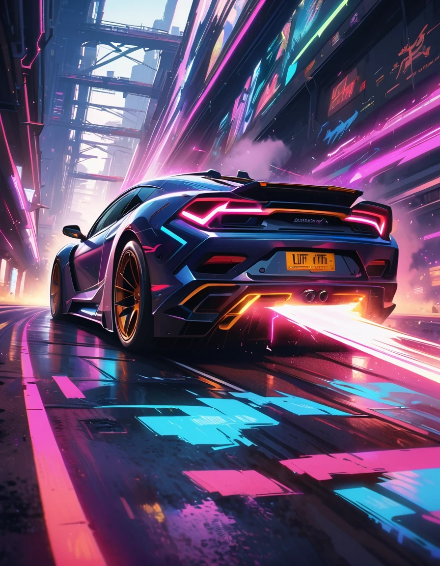 (best quality,4K,High resolution,masterpiece:1.2),super detailed,(lifelike:1.37),Future cyberpunk style car,highway,racing,interesting,bright colors,Futurism,moving rapidly,neon lights,vibrant action,Detailed car design,Dynamic perspective,city environment,smoke and exhaust,Breathtaking speed,adrenaline,,Passion and dreams,industrial aesthetics,heavy metal style,Surrealism,mechanical aesthetics,glitch art,laser light,rim light,environmental lighting,backlight,spotlight,Unreal Engine,C4D,mixer,Octane number