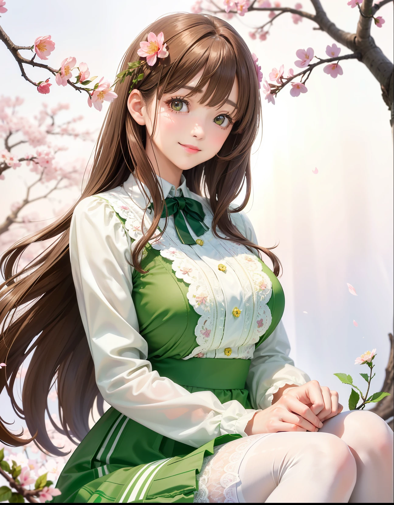 ((1 25 year old girl))), big breasts, solo, (((long light brown hair with bangs))), extremely sexy body, green eyes, (beautiful flower skirt dress, white stockings, lace), look at the viewer, shy smile, elegant, extremely detailed, pink lips, shy, feminine charm, beautiful night, tree, branch, cherry blossoms, butterfly, amusement stalls, depth of field