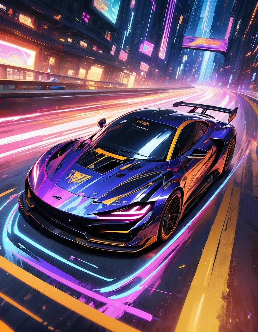 (best quality,4K,High resolution,masterpiece:1.2),super detailed,(lifelike:1.37),Future cyberpunk style car,highway,racing,interesting,bright colors,Futurism,moving rapidly,neon lights,vibrant action,Detailed car design,Dynamic perspective,city environment,smoke and exhaust,Breathtaking speed,adrenaline,,Passion and dreams,industrial aesthetics,heavy metal style,Surrealism,mechanical aesthetics,glitch art,laser light,rim light,environmental lighting,backlight,spotlight,Unreal Engine,C4D,mixer,Octane number