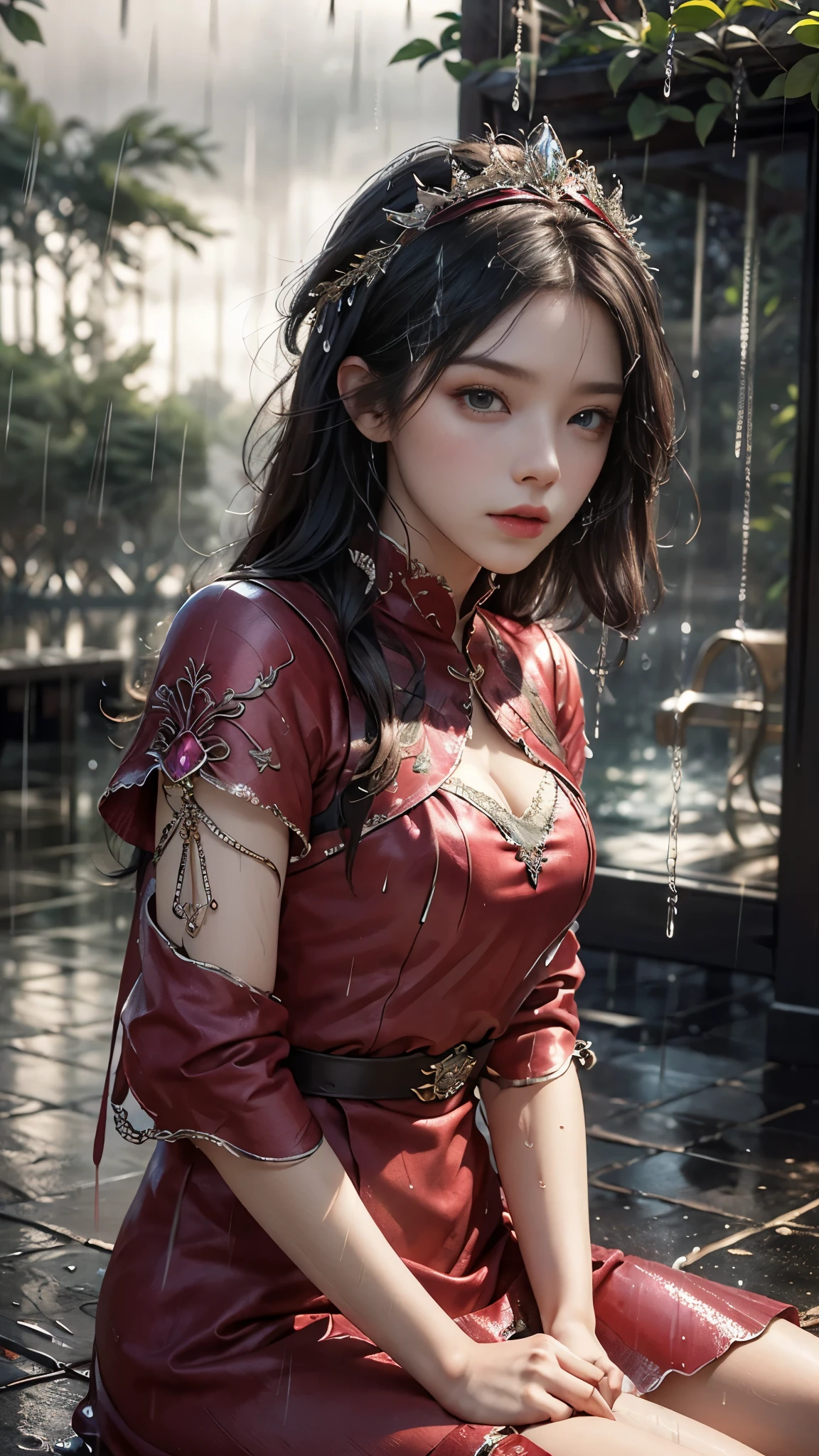 a woman in a magenta dress, realistic Art Station, (hard raining:1.5), Detailed Fantasy Art, Stunning Character Art, beautiful Exquisite Character Art, Beautiful magenta Armor, Extremely Detailed, magenta armor Girl, Exquisite Intricate Headdress and Jewelry, sitting,