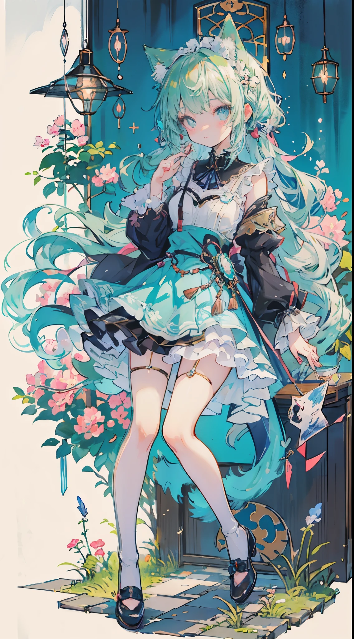 ((table top, highest quality: 1.1), ((Anime girl in a blue dress with a magic wand)), art nouveau、Anime cat girl wearing a maid costume, , ((Green hairs))、long haired person、((Eyes that shine like jewels, long eyelashes, and a sense of transparency))、Very Beautiful Anime cat girl, アニメcat girl, ((white knee highs)), 魅力的なcat girl, I'm at the candy store,Inspired by Leiko Ikemura, Aya Takano color style, in ryuuou no oshigoto art style, cat girl, Character you admire, rei hiroe、Smiling