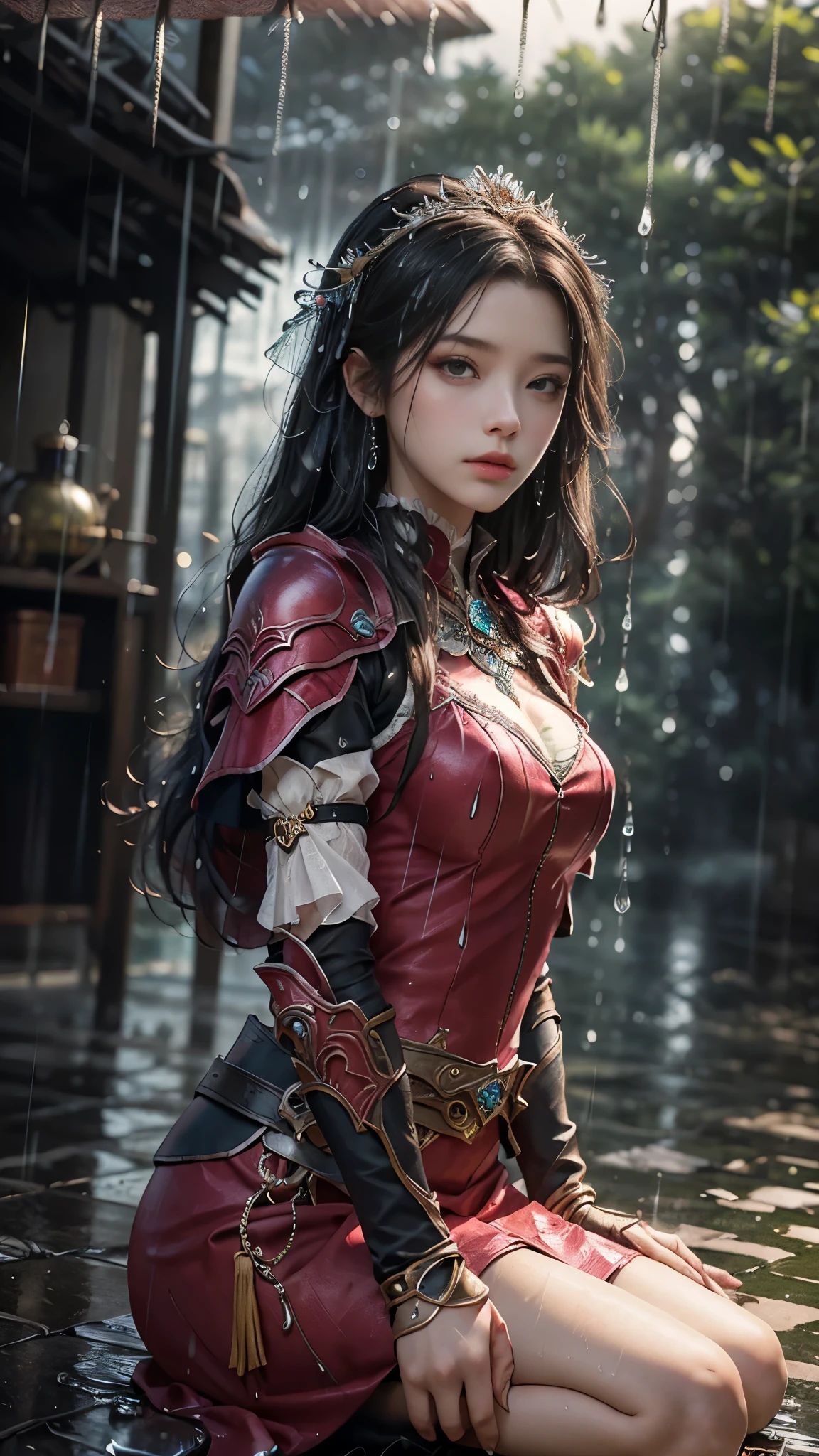 a woman in a magenta dress, realistic Art Station, (hard raining:1.5), Detailed Fantasy Art, Stunning Character Art, beautiful Exquisite Character Art, Beautiful magenta Armor, Extremely Detailed, magenta armor Girl, Exquisite Intricate Headdress and Jewelry, sitting,