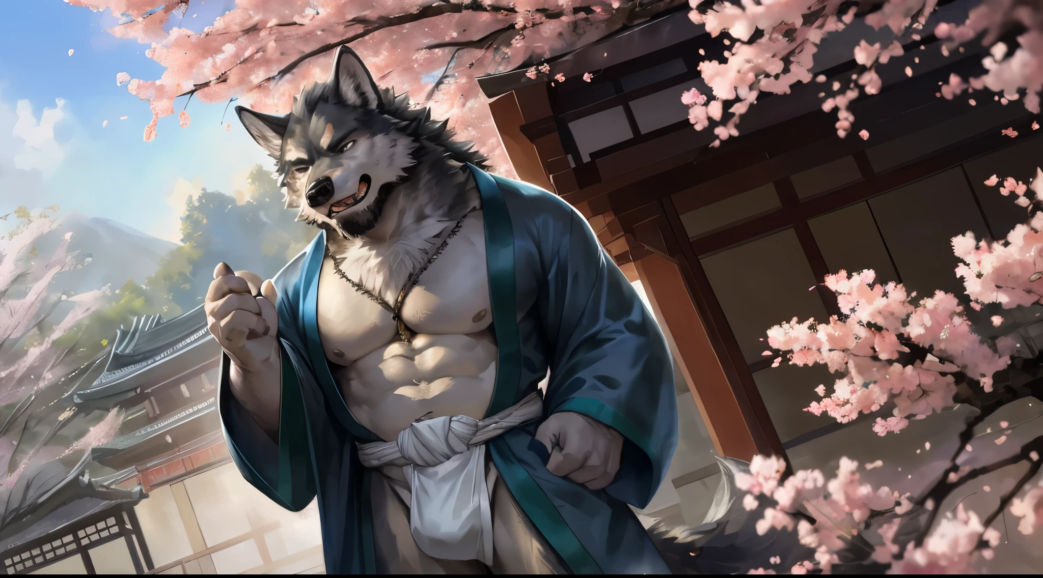 masterpiece,best quality, from high angle,kemono, anthro (wolf), male, (wolf), beard,middle-aged, gray body,white belly,muscular,japanese traditional clothes, white (fundoshi),((open) black formal kimono),,japanese building,look up to the sky,majestic,brutal,confident,strong,cherry blossoms, sakura blossoms leaves, outdoors, dynamic angle,depth of field,delicate canine tooth,correct anatomy, correct hand,,hd, dim ,dark,dark shadows, light against dark,cinematic, dramatic light,wide dynamic range, hdr, low light:1.2, by Pino Daeni, (by ruaidri), by virtyalfobo