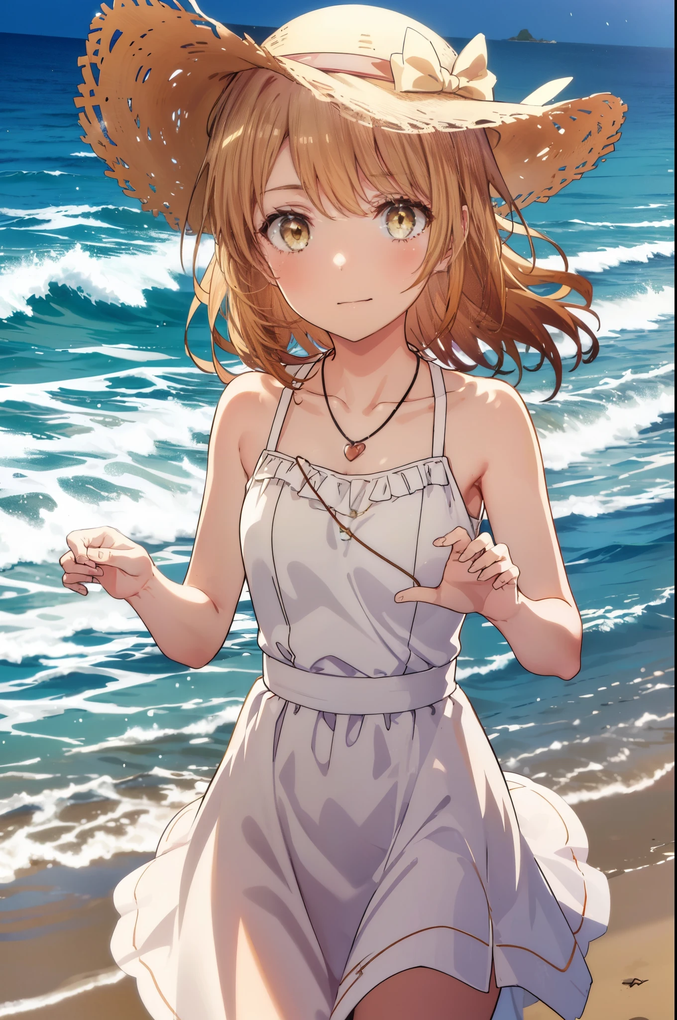 irohaisshiki, iroha isshiki, long hair, brown hair, (brown eyes:1.5), short braided hair,smile,blush,big straw hat,sleeveless dress,heart shaped pendant necklace,bare clavicle,naked neck,bare shoulders,long skirt,barefoot,turn around,
ビーチのsandy beachを散歩しながら、brown hair fluttering in the breeze,
break outdoors, sandy beach,海
break looking at viewer,
break (masterpiece:1.2), highest quality, High resolution, unity 8k wallpaper, (shape:0.8), (fine and beautiful eyes:1.6), highly detailed face, perfect lighting, Very detailed CG, (perfect hands, perfect anatomy),