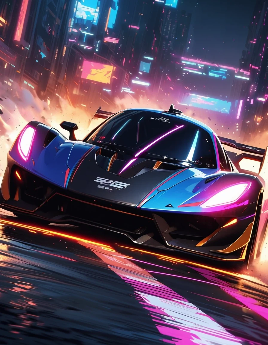 （best quality，4K，High resolution，masterpiece：1.2），super detailed，（lifelike：1.37)，Future cyberpunk racing,racing on the road,Passion and dreams，industrial aesthetics，heavy metal style，Surrealism，mechanical aesthetics，glitch art，aerodynamics，laser light，rim light，environmental lighting，backlight，spotlight，Unreal Engine，C4D，mixer，Octane number，bright colors，Futurism，moving rapidly，vibrant action，Detailed car design，Dynamic perspective，city environment，smoke and exhaust，Breathtaking speed，adrenaline