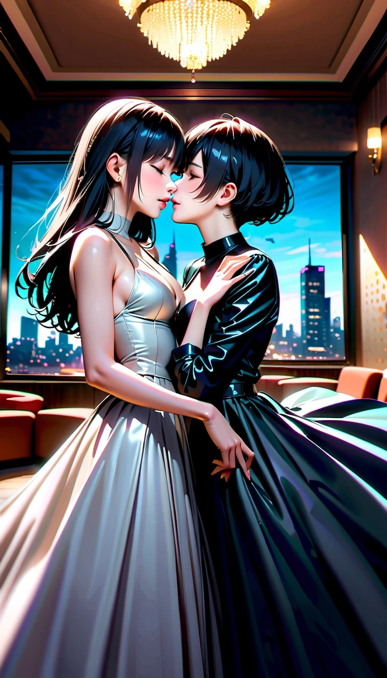 masterpiece:1.2, High quality 4K, 8K, Sammy Gayle and Bridget Moina kiss and hug in a ballroom, a romantic and affectionate story, Scene with high-rise buildings as background, Emotional body language, gentle touch and caress, unforgettable expression of love, emotional portrait, Ultra-precision photography technology, photorealism:1.37, Beautiful eyes and lips details, Extremely detailed face and long eyelashes, Soft lighting and subtle shadows, Luxurious interior design creates an inviting atmosphere, Soft colors and focus, Delicate fabric for satin dress, There is slight reflection on the window glass