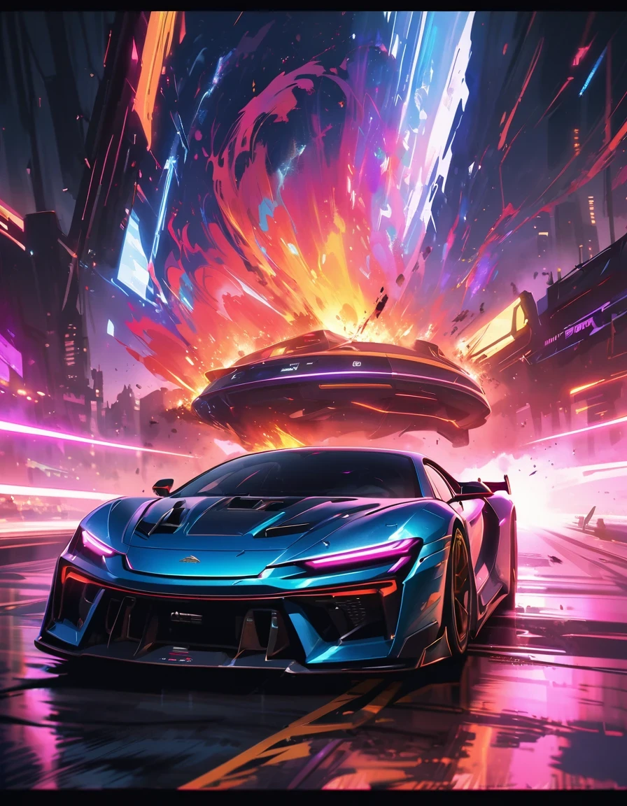 (best quality,4K,High resolution,masterpiece:1.2),super detailed,(lifelike:1.37),Future cyberpunk racing,racing on the road,Passion and dreams,industrial aesthetics,heavy metal style,Surrealism,mechanical aesthetics,glitch art,aerodynamics,laser light,rim light,environmental lighting,backlight,spotlight,Unreal Engine,C4D,mixer,Octane number,bright colors,Futurism,moving rapidly,vibrant action,Detailed car design,Dynamic perspective,city environment,smoke and exhaust,Breathtaking speed,adrenaline