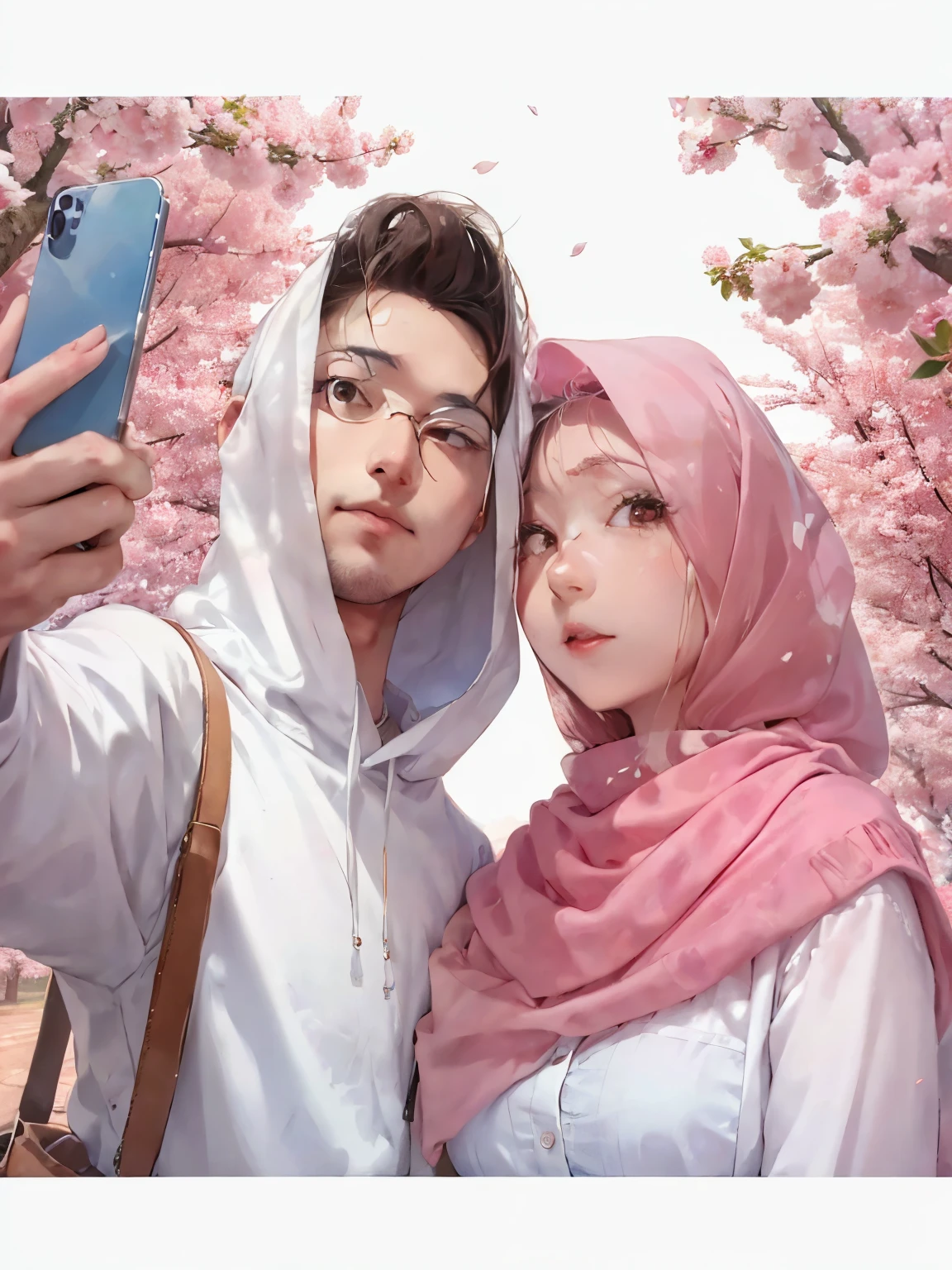 there is a man and woman taking a selfie in front of a cherry tree, in love selfie, realism artstyle, couple pose, lovely couple, artwork in the style of guweiz, couple, realistic picture