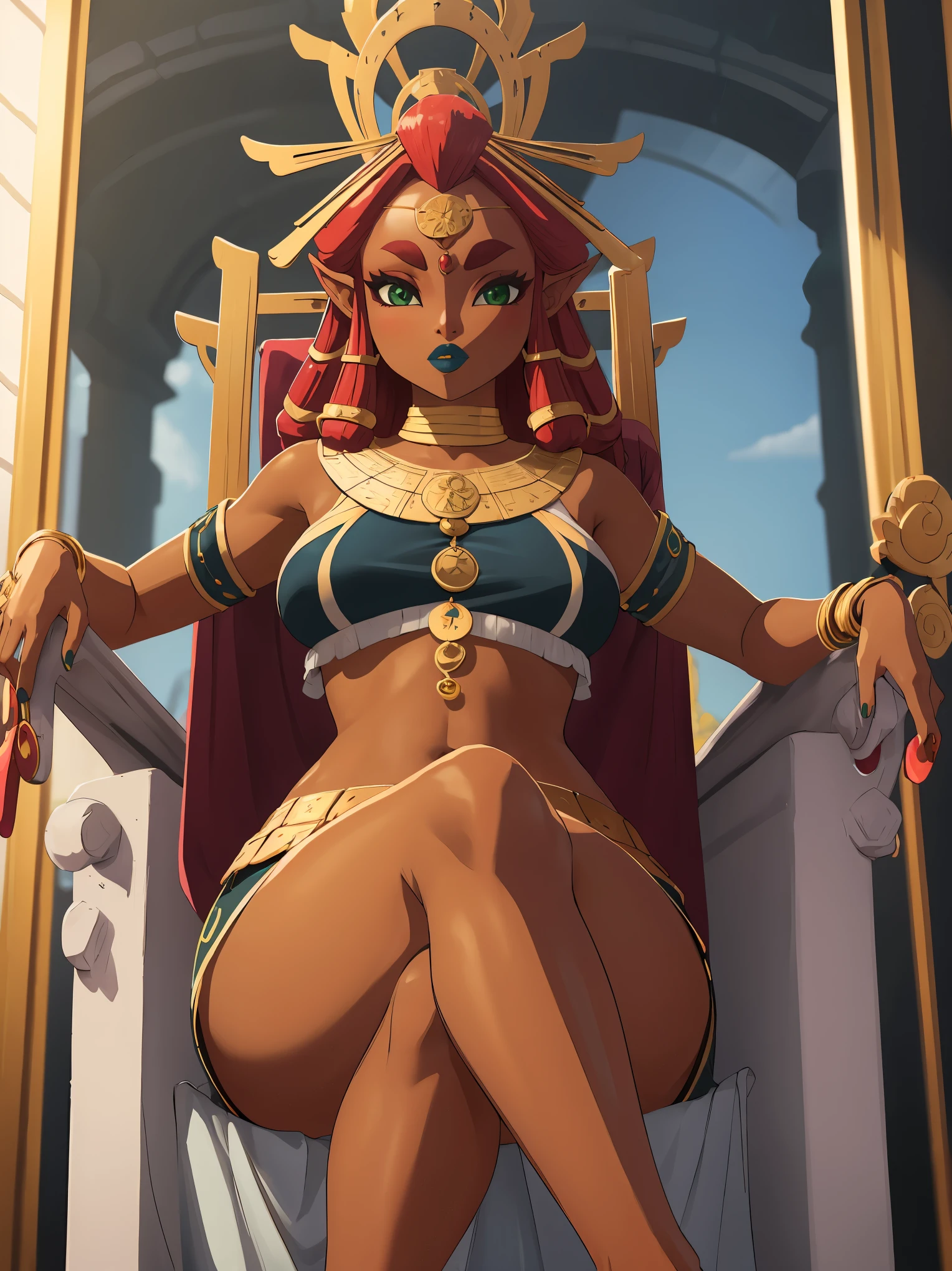 Big breasts, green eyes, dark blue lips, sitting on a throne, sexy legs, Riju