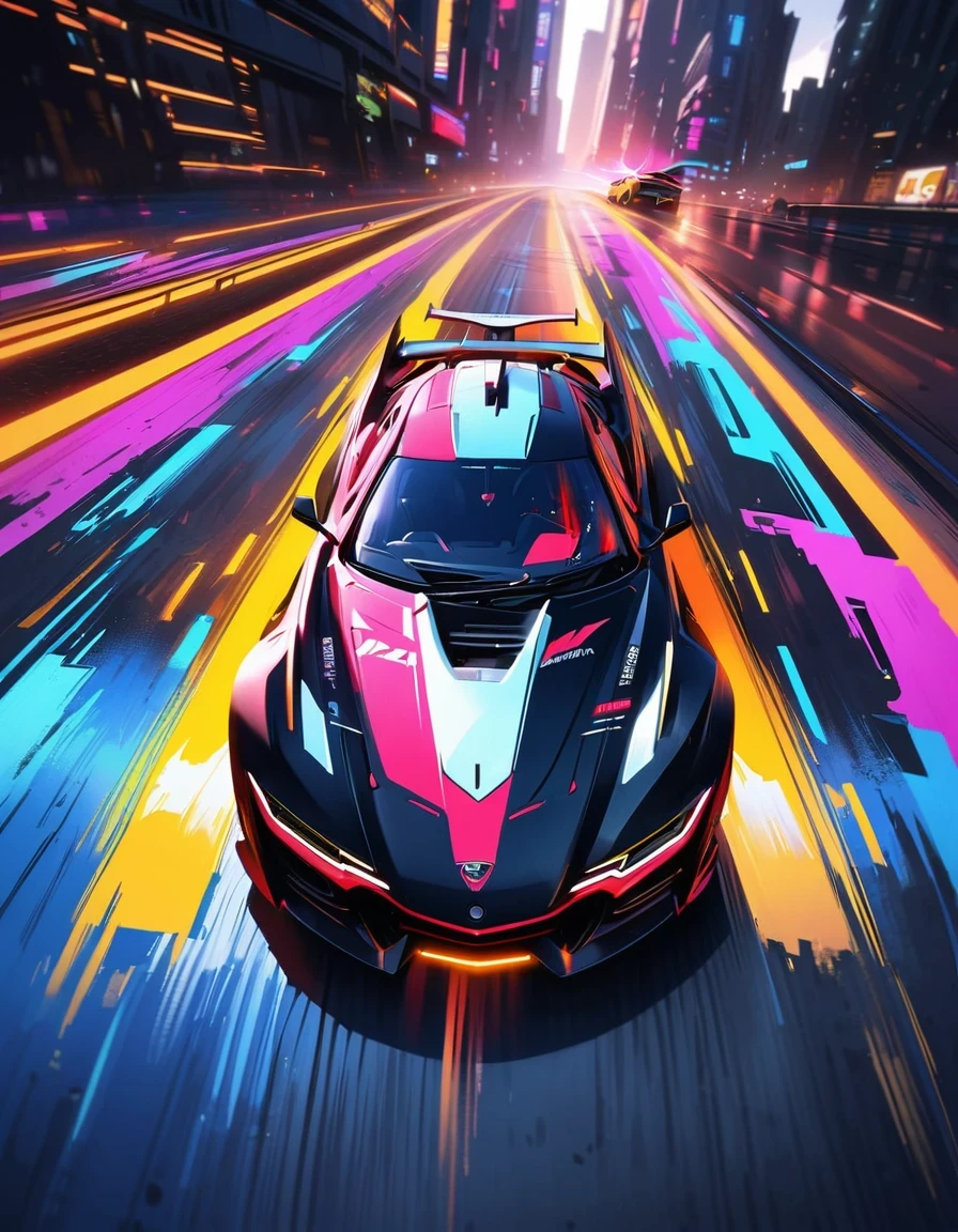 （best quality，4K，High resolution，masterpiece：1.2），super detailed，（lifelike：1.37)，Future cyberpunk racing,racing on the road,Passion and dreams，industrial aesthetics，heavy metal style，Surrealism，mechanical aesthetics，glitch art，aerodynamics，laser light，rim light，environmental lighting，backlight，spotlight，Unreal Engine，C4D，mixer，Octane number，bright colors，Futurism，moving rapidly，vibrant action，Detailed car design，Dynamic perspective，city environment，smoke and exhaust，Breathtaking speed，adrenaline