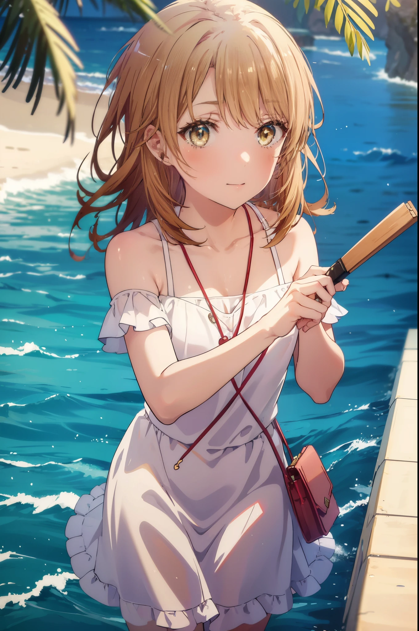 irohaisshiki, iroha isshiki, long hair, brown hair, (brown eyes:1.5), short braided hair,smile,blush,big straw hat,off shoulder dress,heart shaped pendant necklace,bare clavicle,naked neck,bare shoulders,long skirt,barefoot,turn around,
ビーチのsandy beachを散歩しながら、brown hair fluttering in the breeze,
break outdoors, sandy beach,海
break looking at viewer,
break (masterpiece:1.2), highest quality, High resolution, unity 8k wallpaper, (shape:0.8), (fine and beautiful eyes:1.6), highly detailed face, perfect lighting, Very detailed CG, (perfect hands, perfect anatomy),