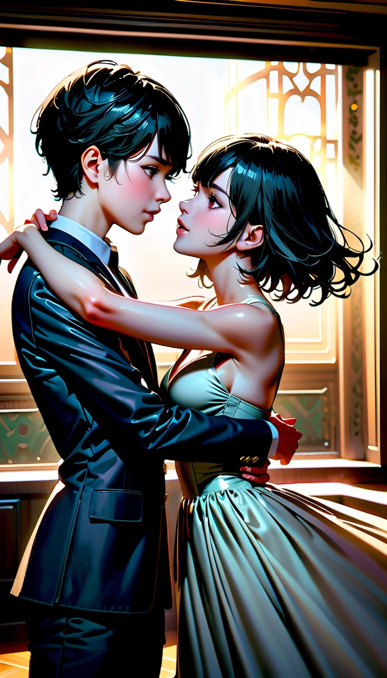 masterpiece:1.2, High quality 4K, 8K, Sammy Gayle and Bridget Moina kiss and hug in a ballroom, a romantic and affectionate story, Scene with high-rise buildings as background, Emotional body language, gentle touch and caress, unforgettable expression of love, emotional portrait, Ultra-precision photography technology, photorealism:1.37, Beautiful eyes and lips details, Extremely detailed face and long eyelashes, Soft lighting and subtle shadows, Luxurious interior design creates an inviting atmosphere, Soft colors and focus, Delicate fabric for satin dress, There is slight reflection on the window glass