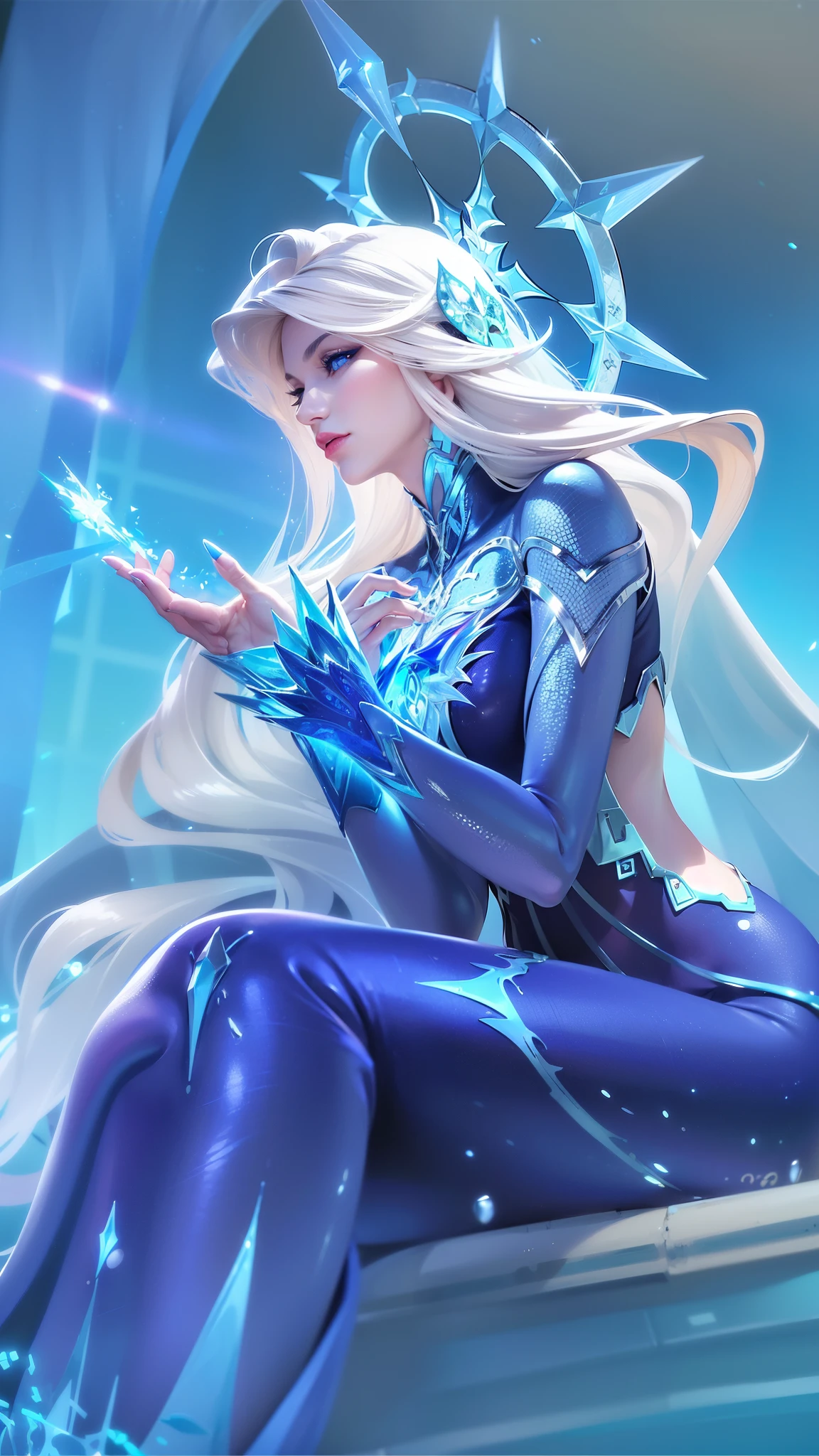 (female:1.2), 8k, ultra hd, ultra detailed texture, hyper realistic, masterpiece, detailed texture, detailed face, detailed skin, detailed lighting, (photorealistic:1.5), best quality, beautiful lighting, cinematic lighting, professional lighting, ultra highres, realistic, detailed hair, real hair, high quality, (realskin:1.5), extremely detailed, finely detail, ultra-detailed, 1girl, solo, forehead protector, (blue eyes:1.5), v-shapped eyebrow, lips, red lips, evil smile, nose, make up, pretty, beautiful, long hair, white hair, aurora \(mobile legends\), depth of field, looking aways, white skin, skin tight, amazing pose, outdoors, glowing, dark view