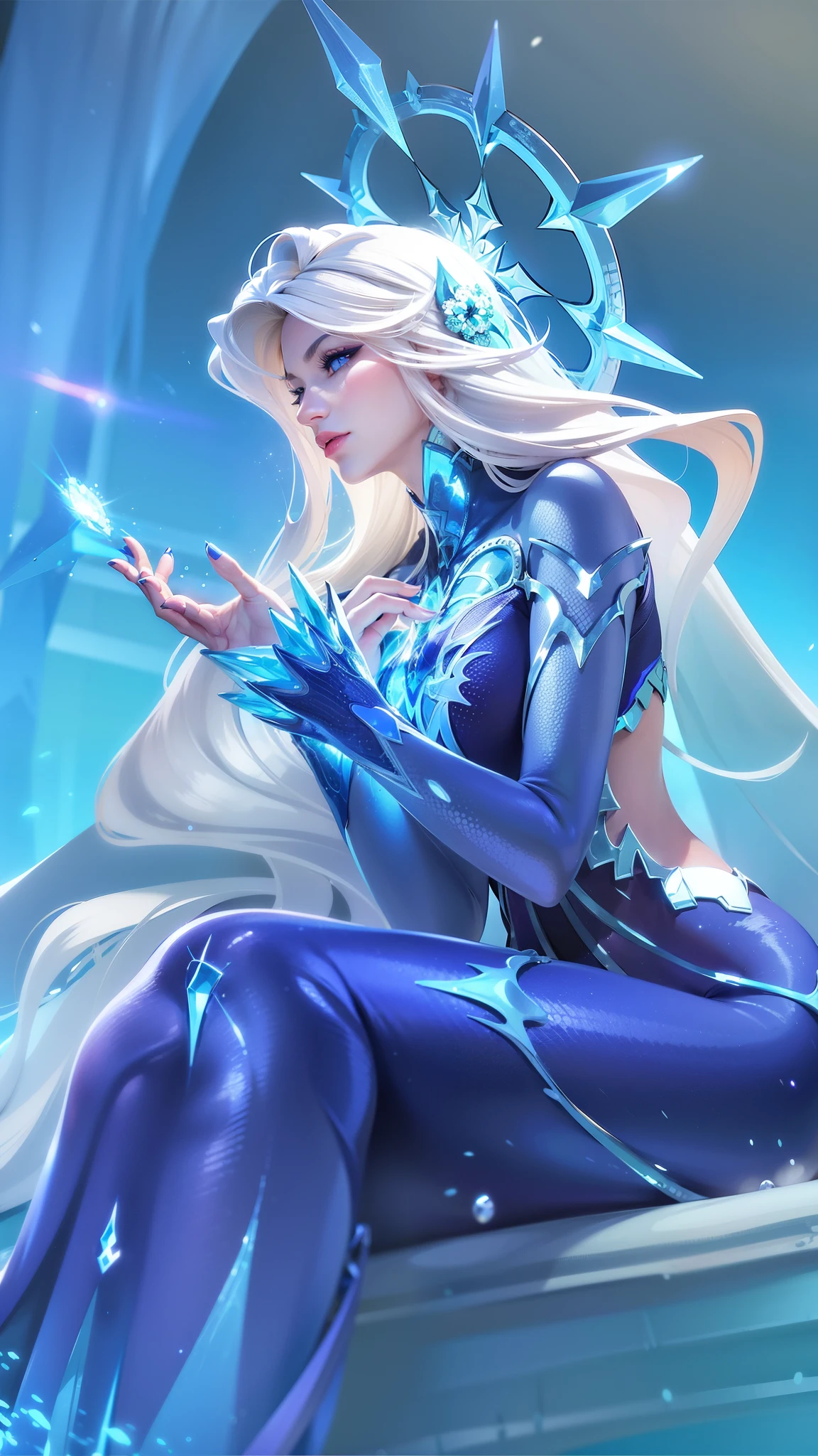 (female:1.2), 8k, ultra hd, ultra detailed texture, hyper realistic, masterpiece, detailed texture, detailed face, detailed skin, detailed lighting, (photorealistic:1.5), best quality, beautiful lighting, cinematic lighting, professional lighting, ultra highres, realistic, detailed hair, real hair, high quality, (realskin:1.5), extremely detailed, finely detail, ultra-detailed, 1girl, solo, forehead protector, (blue eyes:1.5), v-shapped eyebrow, lips, red lips, evil smile, nose, make up, pretty, beautiful, long hair, white hair, aurora \(mobile legends\), depth of field, looking aways, white skin, skin tight, amazing pose, outdoors, glowing, dark view