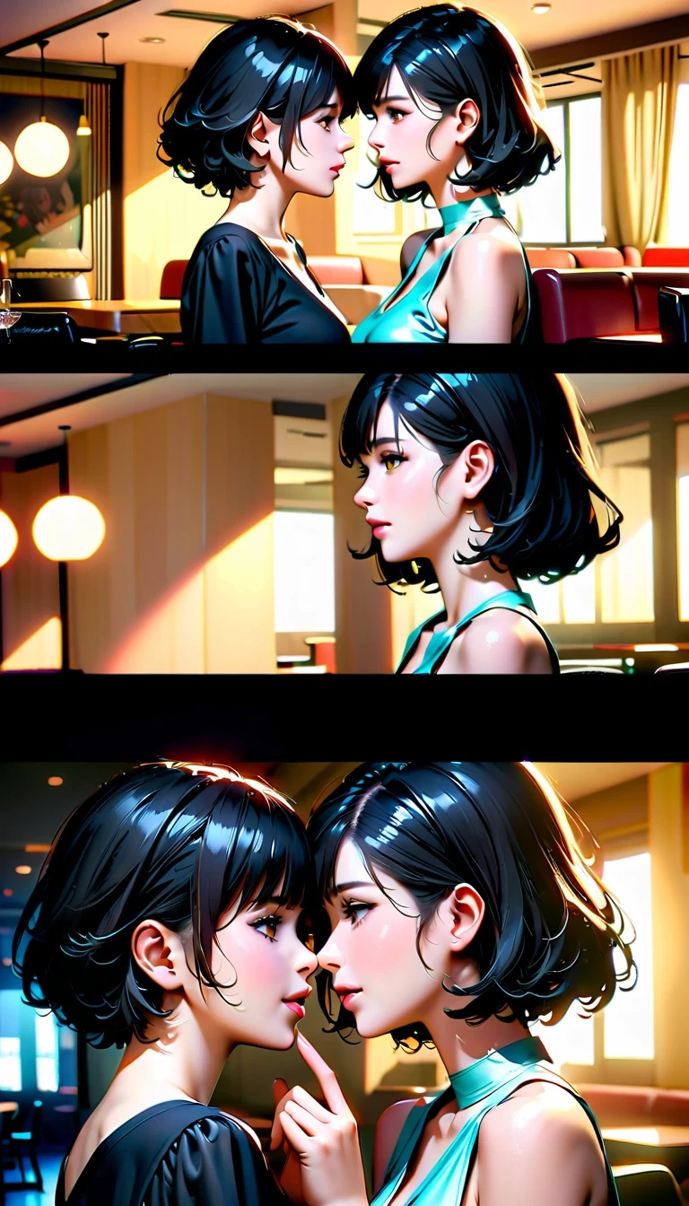 masterpiece:1.2, High quality 4K, 8K, Sammy Gayle and Bridget Moina kiss and hug in a ballroom, a romantic and affectionate story, Scene with high-rise buildings as background, Emotional body language, gentle touch and caress, unforgettable expression of love, emotional portrait, Ultra-precision photography technology, photorealism:1.37, Beautiful eyes and lips details, Extremely detailed face and long eyelashes, Soft lighting and subtle shadows, Luxurious interior design creates an inviting atmosphere, Soft colors and focus, Delicate fabric for satin dress, There is slight reflection on the window glass