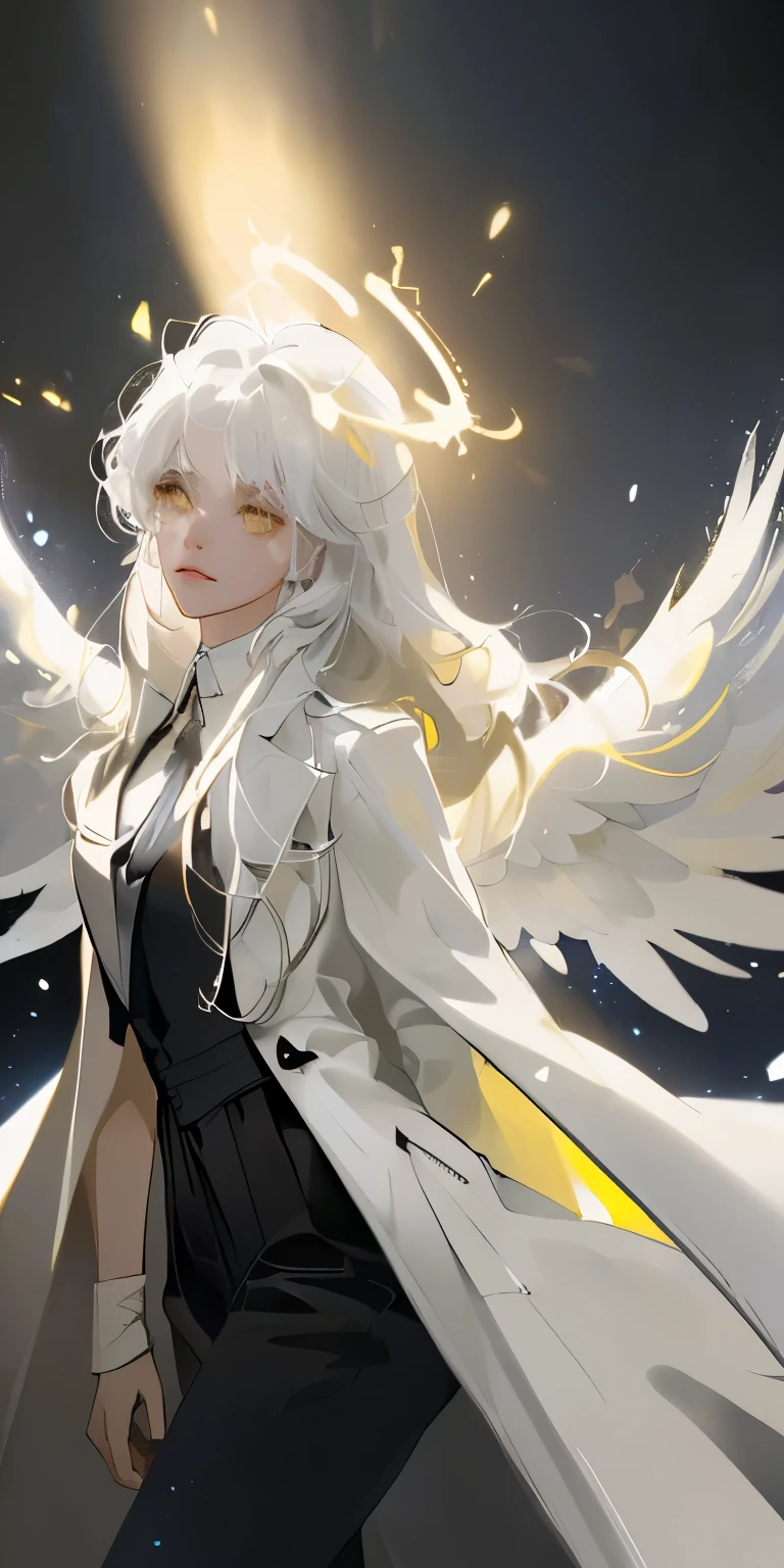 (masterpiece, best quality:1.3), (ultra-detailed:1.3), 1girl, solo, (white hair, messy hair, long hair), (angel wings, angel halo), flat chest, yellow eyes, (white shirt, black necktie, black coat, open coat), cowboy shot, cinematic lighting, (((glowing light particles))), (arms behind back), dynamic angle,
