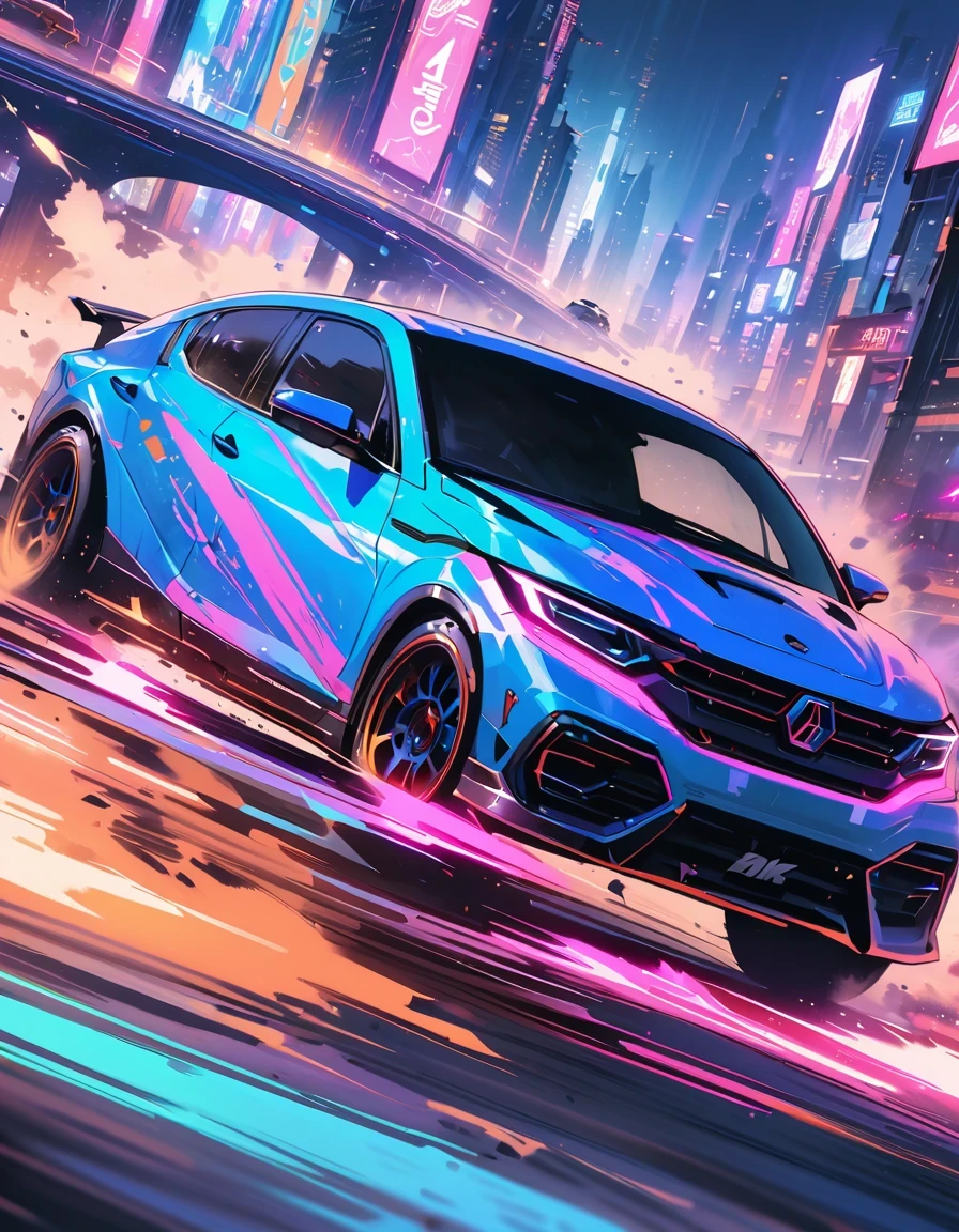 （best quality，4K，High resolution，masterpiece：1.2），super detailed，（lifelike：1.37）monkey，Cyberpunk style car，highway，racing，interesting，bright colors，Futurism，moving rapidly，neon lights，vibrant action，详细monkey表情，Detailed car design，Dynamic perspective，city environment，smoke and exhaust，Breathtaking speed，adrenaline