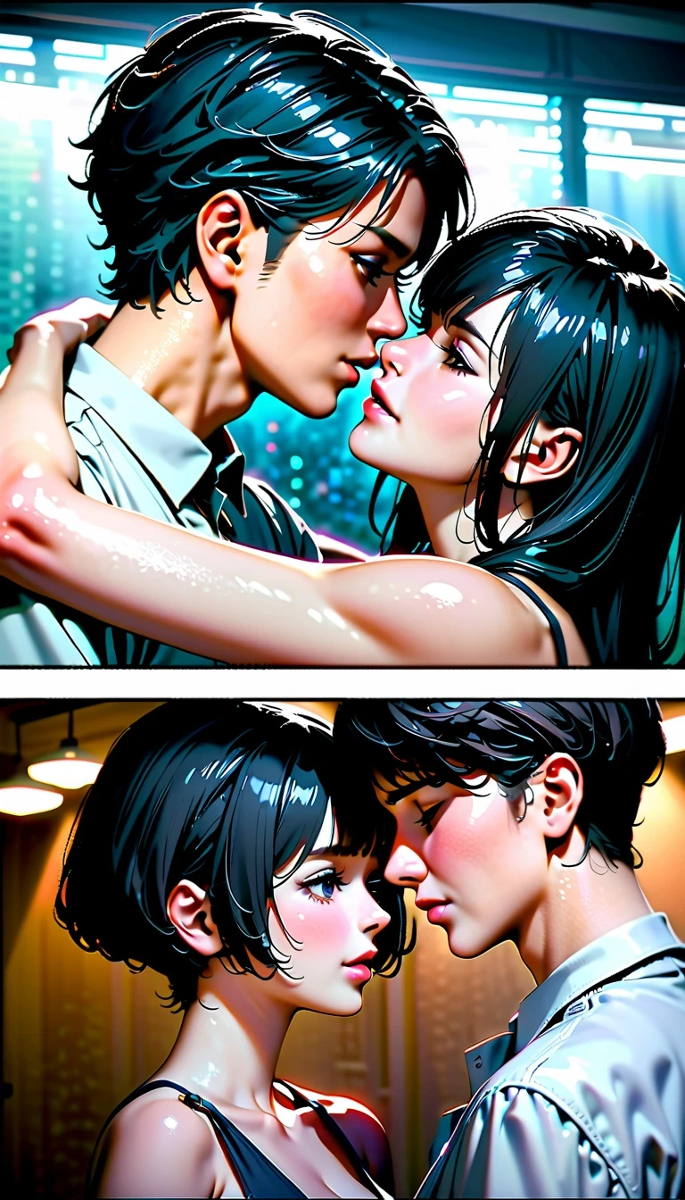 masterpiece:1.2, High quality 4K, 8K, Sammy Gayle and Bridget Moina kiss and hug in a ballroom, a romantic and affectionate story, Scene with high-rise buildings as background, Emotional body language, gentle touch and caress, unforgettable expression of love, emotional portrait, Ultra-precision photography technology, photorealism:1.37, Beautiful eyes and lips details, Extremely detailed face and long eyelashes, Soft lighting and subtle shadows, Luxurious interior design creates an inviting atmosphere, Soft colors and focus, Delicate fabric for satin dress, There is slight reflection on the window glass