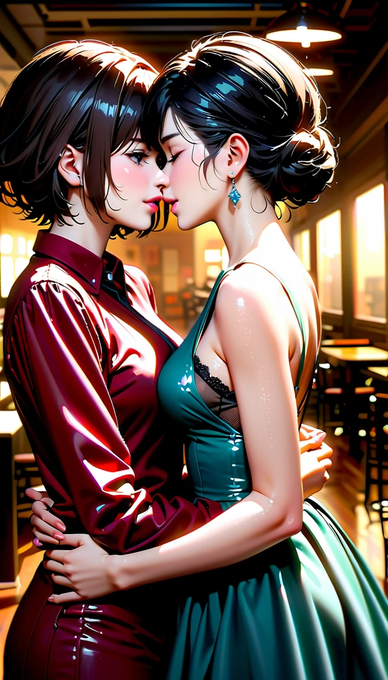 masterpiece:1.2, High quality 4K, 8K, Sammy Gayle and Bridget Moina kiss and hug in a ballroom, a romantic and affectionate story, Scene with high-rise buildings as background, Emotional body language, gentle touch and caress, unforgettable expression of love, emotional portrait, Ultra-precision photography technology, photorealism:1.37, Beautiful eyes and lips details, Extremely detailed face and long eyelashes, Soft lighting and subtle shadows, Luxurious interior design creates an inviting atmosphere, Soft colors and focus, Delicate fabric for satin dress, There is slight reflection on the window glass