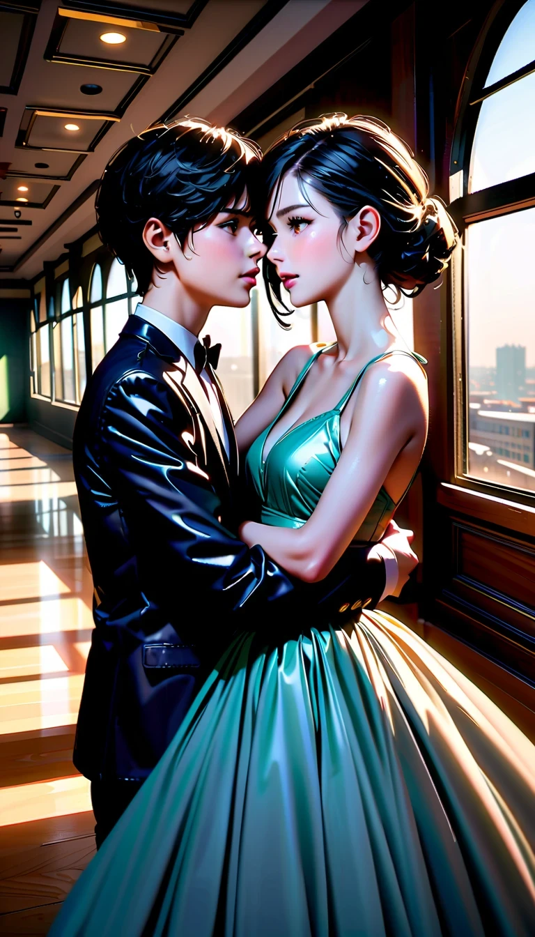 masterpiece:1.2, High quality 4K, 8K, Sammy Gayle and Bridget Moina kiss and hug in a ballroom, a romantic and affectionate story, Scene with high-rise buildings as background, Emotional body language, gentle touch and caress, unforgettable expression of love, emotional portrait, Ultra-precision photography technology, photorealism:1.37, Beautiful eyes and lips details, Extremely detailed face and long eyelashes, Soft lighting and subtle shadows, Luxurious interior design creates an inviting atmosphere, Soft colors and focus, Delicate fabric for satin dress, There is slight reflection on the window glass