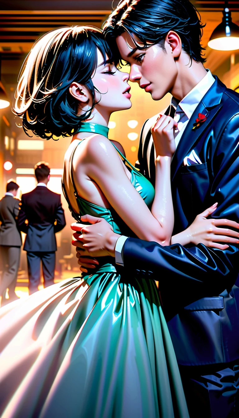 masterpiece:1.2, High quality 4K, 8K, Sammy Gayle and Bridget Moina kiss and hug in a ballroom, a romantic and affectionate story, Scene with high-rise buildings as background, Emotional body language, gentle touch and caress, unforgettable expression of love, emotional portrait, Ultra-precision photography technology, photorealism:1.37, Beautiful eyes and lips details, Extremely detailed face and long eyelashes, Soft lighting and subtle shadows, Luxurious interior design creates an inviting atmosphere, Soft colors and focus, Delicate fabric for satin dress, There is slight reflection on the window glass