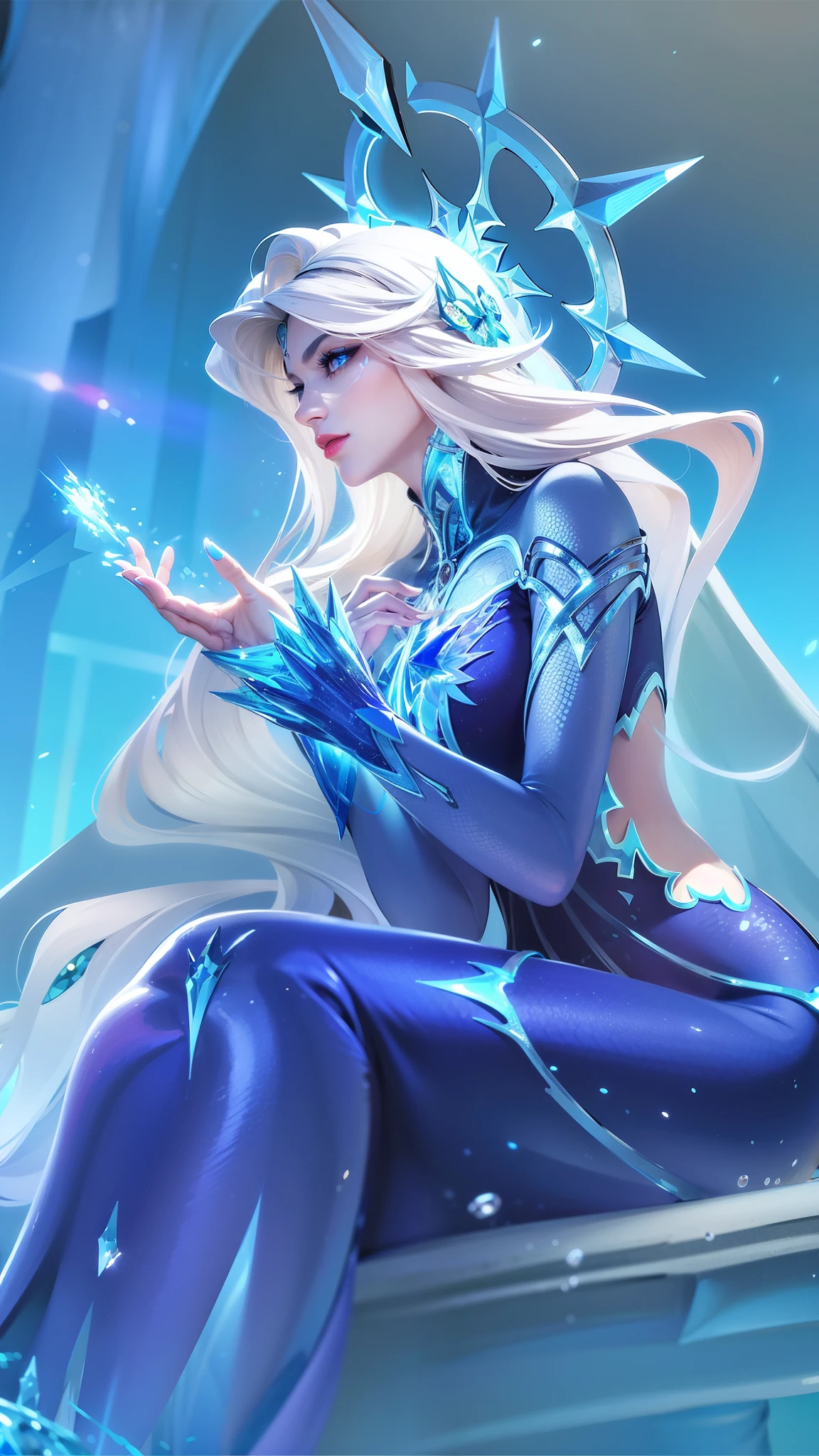 (female:1.2), 8k, ultra hd, ultra detailed texture, hyper realistic, masterpiece, detailed texture, detailed face, detailed skin, detailed lighting, (photorealistic:1.5), best quality, beautiful lighting, cinematic lighting, professional lighting, ultra highres, realistic, detailed hair, real hair, high quality, (realskin:1.5), extremely detailed, finely detail, ultra-detailed, 1girl, solo, forehead protector, (blue eyes:1.5), v-shapped eyebrow, lips, red lips, evil smile, nose, make up, pretty, beautiful, long hair, white hair, aurora \(mobile legends\), depth of field, looking aways, white skin, skin tight, amazing pose, outdoors, glowing, dark view