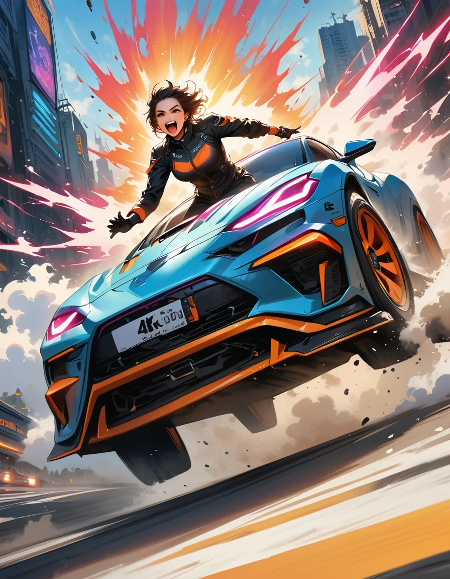 (best quality,4K,high resolution,masterpiece:1.2),Super detailed,(actual:1.37) monkey, Cyberpunk style car, highway, racing, interesting, bright colors, futuristic, Fast moving, neon lights, vibrant action, detailed monkey expression, Detailed car design, Dynamic perspective, city environment, smoke and exhaust, Breathtaking speed, adrenaline