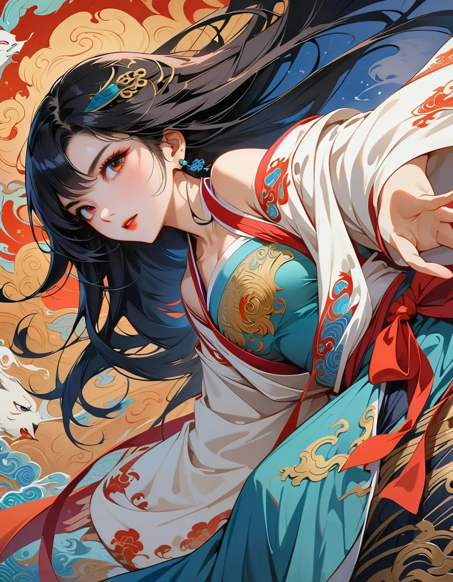 official art,unified 8k wallpaper,super detailed,Beautiful and beautiful,masterpiece,best quality,(Zentangle,dispute,twist),(fractal art:1.4),1 girl,black hair,China人,bare shoulders,short skirt,calf,navel,Very detailed,dynamic angle,cowboy shooting,(Chaos in its most beautiful form),flowing,(bright colors),oak,(half: 1.2),China,(Thangka Feitian:1.5),(ribbon: 1.3), (Dream: 1.5), (hanfu:1.5),China人dragon,China人phoenix,(Smile:0.5),(China人 deity),