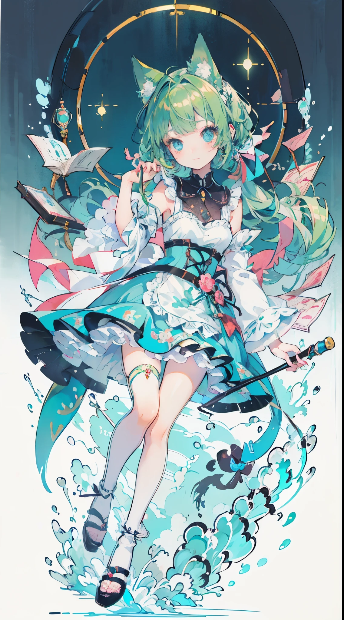 ((table top, highest quality: 1.1), ((Anime girl in a blue dress with a magic wand)), art nouveau、Anime cat girl wearing a maid costume, , ((Green hairs))、long haired person、((Eyes that shine like jewels, long eyelashes, and a sense of transparency))、Very Beautiful Anime cat girl, アニメcat girl, ((white knee highs)), 魅力的なcat girl, I&#39;m at the candy store,Inspired by Leiko Ikemura, Aya Takano color style, in ryuuou no oshigoto art style, cat girl, Character you admire, rei hiroe、Smiling