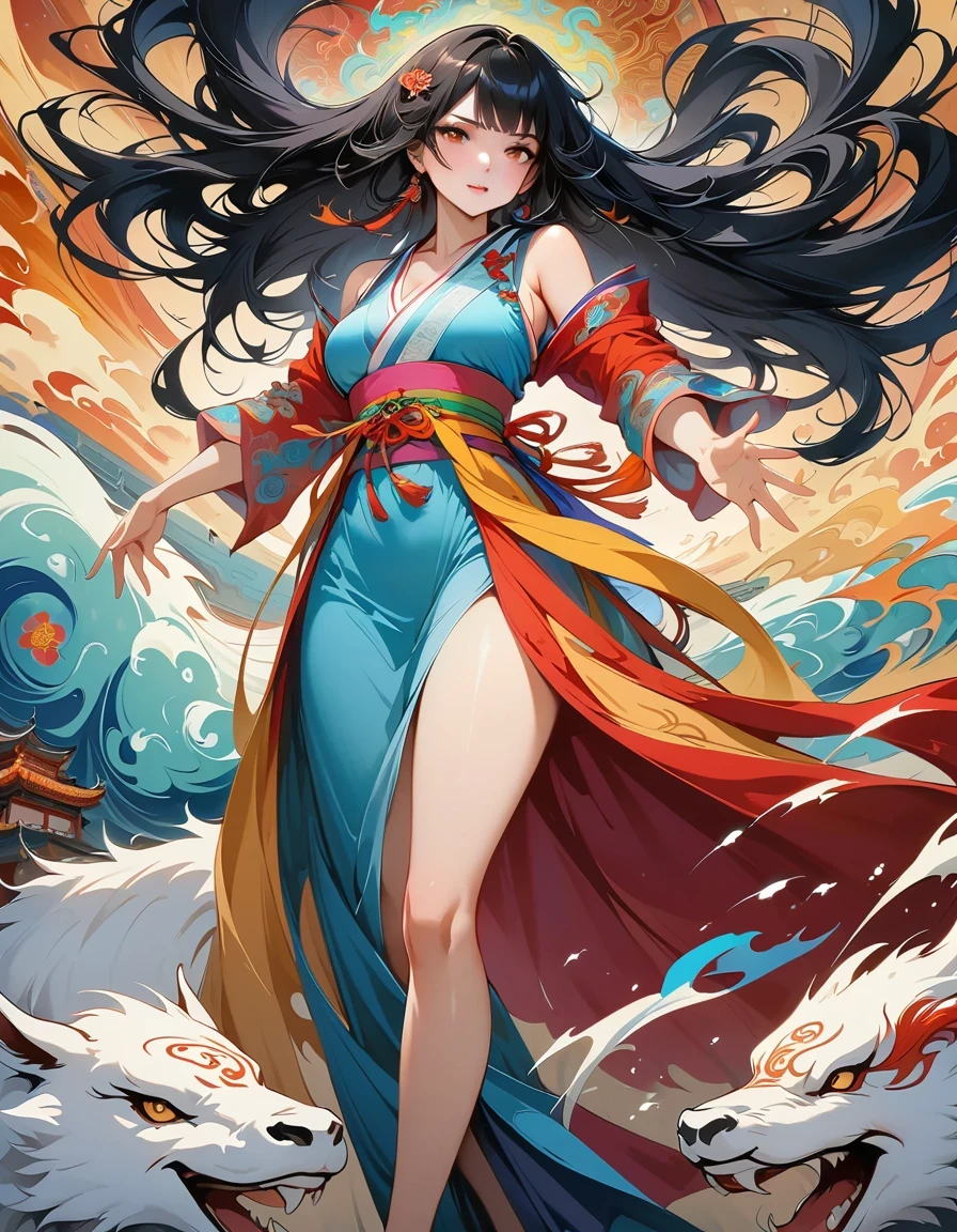 official art,unified 8k wallpaper,super detailed,Beautiful and beautiful,masterpiece,best quality,(Zentangle,dispute,twist),(fractal art:1.4),1 girl,black hair,China人,bare shoulders,short skirt,calf,navel,Very detailed,dynamic angle,cowboy shooting,(Chaos in its most beautiful form),flowing,(bright colors),oak,(half: 1.2),China,(Thangka Feitian:1.5),(ribbon: 1.3), (Dream: 1.5), (hanfu:1.5),China人dragon,China人phoenix,(Smile:0.5),(China人 deity),