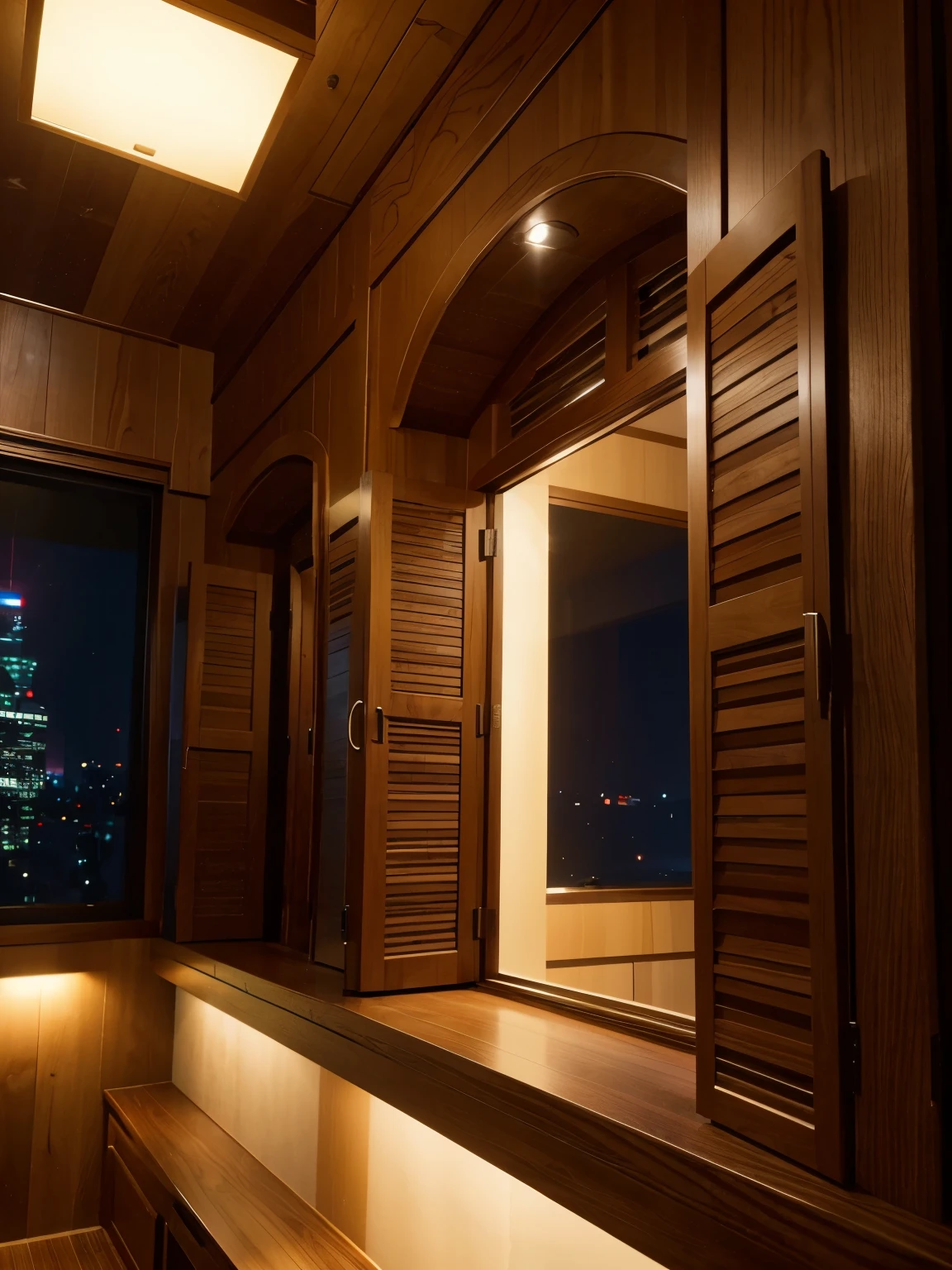 , living room, cinematic lighting, indoor, night light, funiture made by walnut, white light