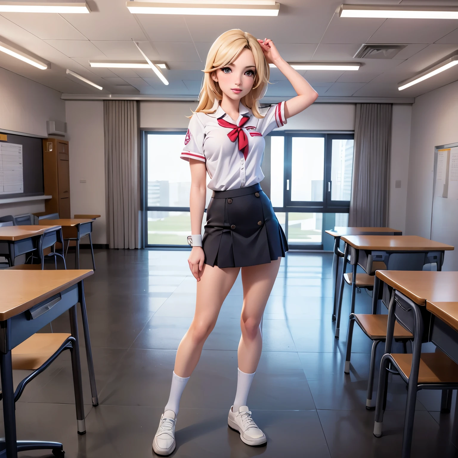 Piper Perri, standing in a classroom, uniform, ((alone)), true to life body, make it real, ((perfect face)), cinematic lighting, masterpiece, highly detailed, high definition, detailed scenery, ((hyperrealistic anime)), ((full body: 1.4))