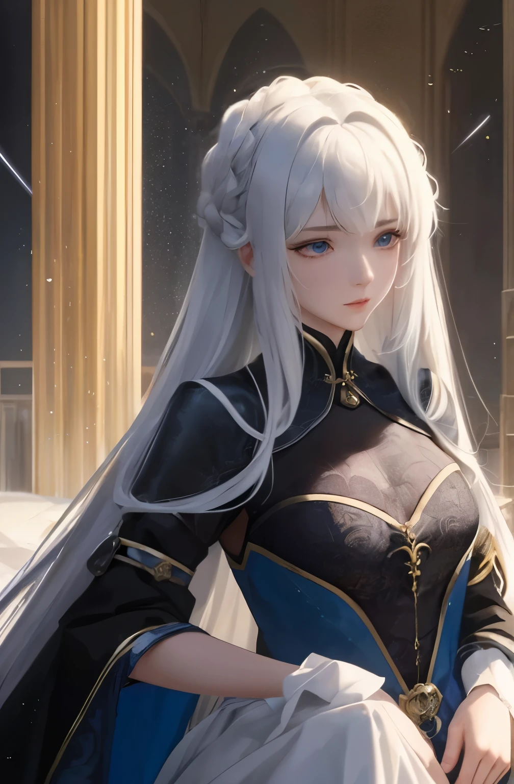 （master piece，highest quality，best quality person，official art，Cosmetology and aesthetics：1.2），（daughter：1.3），very detailed，rich colorful，best details，That&#39;s a perfect face，Upper body，HDR，（long white hair：1.5）（Golden lines in a white cloak：1.2），Milky Way，（light storage），impressive visual effects，（dynamic streak，trajectory of light：1.2），Bright colors，The family background of noble knights was usually very wealthy，Their ancestors may have been wealthy merchants.、nobles or politicians。They are usually、Has an elegant living environment and high-quality educational resources。，Get quality education and training，have great talent and skills。
noble knights are usually、had nobility、elegant temperament，Their words and actions reflect their social status and wealth.。they have unique costumes、Hairstyle and makeup，He usually wears elegant combat uniforms and rides a noble horse.。
The life of a noble knight was usually luxurious and comfortable.，High-end and luxurious private stores are available.。。They are usually、person in authority々would like to be friends with，and、Actively participates in various social events and aristocratic circles。