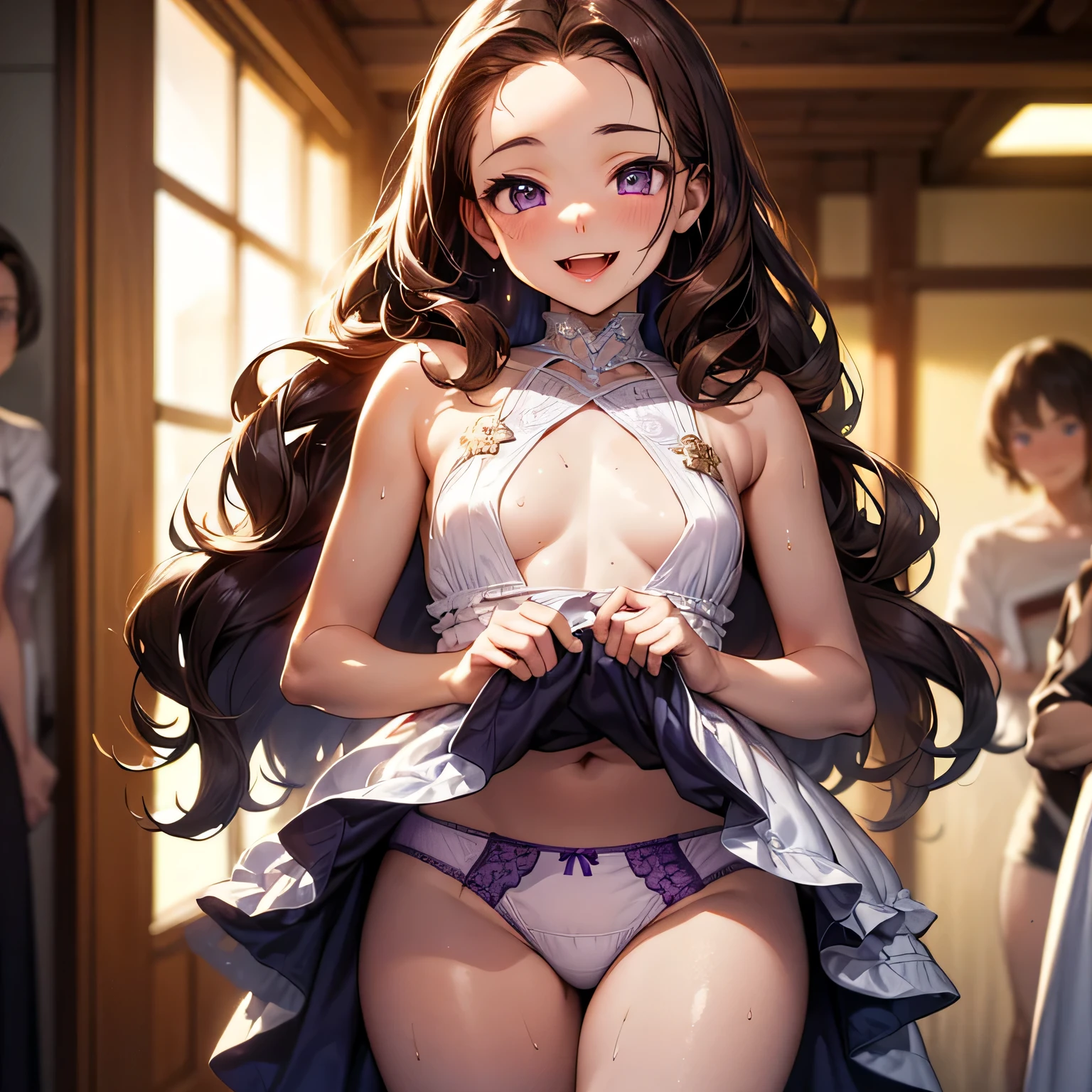 ultra-be familiar with,highest quality,masterpiece,ultra-be familiar with,High resolution,extremely be familiar with CG,perfect anatomy,be familiar with,cinematic lighting,beautiful be familiar with eyes,超High resolution,alone,(alone focus:1.6),1 female,(25 years old:1.4),(expensive:1.6),glowing skin,oil skin,red,green,pink,Money,Sweat,humid,trembling,strong light comes in,spot lighting,bright,dressed,(purple fancy underwear:1.6),(とてもbright茶色の髪:1.4),very long hair,(amount:1.5),(wavy hair:1.5),(Cute purple eyes:1.2),(hair with volume:1.5),(small breasts:1.3),(halterneck layered white dress:1.6),(bed:1.2),(enchanting smile:1.8),(open your mouth:1.3),throw,(Naughty :1.3),(Last:1.25),(Vulgarity:1.25),(skirt lift:1.3),thread of love juice