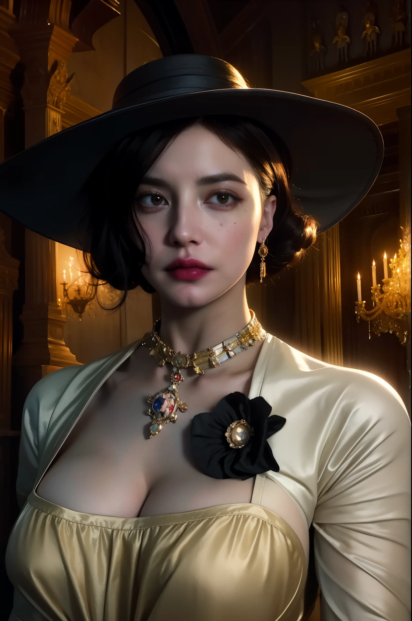 there is a woman in a hat and dress posing for a picture, lady dimitrescu, portrait of a lady vampire, artgerm julie bell beeple, artstyle tom bagshaw, elegant victorian vampire, vampire portrait, charlie bowater character art, tom bagshaw artstyle, portrait of lady mechanika, tom bagshaw donato giancola