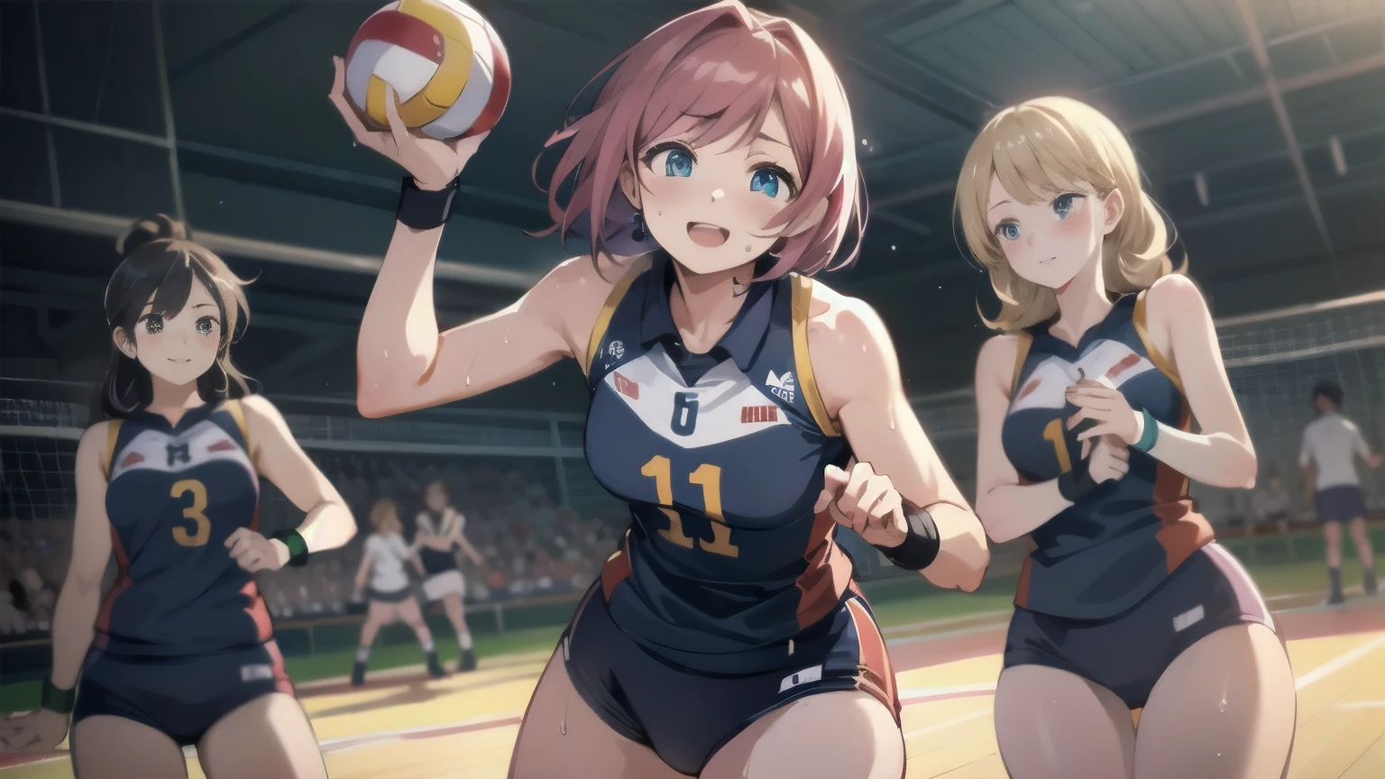 score_9, score_8_up, score_7_up, anime style,2020s\(style\),masterpiece,best quality, zPDXL2,source_anime, kawaii, vivid, colors, (medium full shot) of 1girl, (stunning volleyball player) young woman, italian, tan skin, blue eyes, lithe build, long blonde shag cut hair, wearing a purple compression shirt, athletic shorts, athletic sneakers, holding a volleyball, headband, set in  fitness center, spacious room with volleyball setup, mirrors on the walls, various gym equipment around, bright and clean environment , at night, woman surprised, open mouth, running toward the viewer,