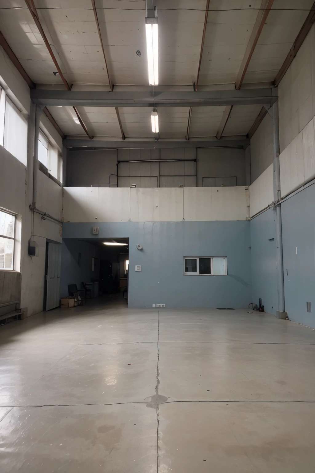 Warehouse with good lighting, paredes de concreto, blue and gray painted walls and small illuminated windows, espacio amplio , vista desde adentro, formato horizontal