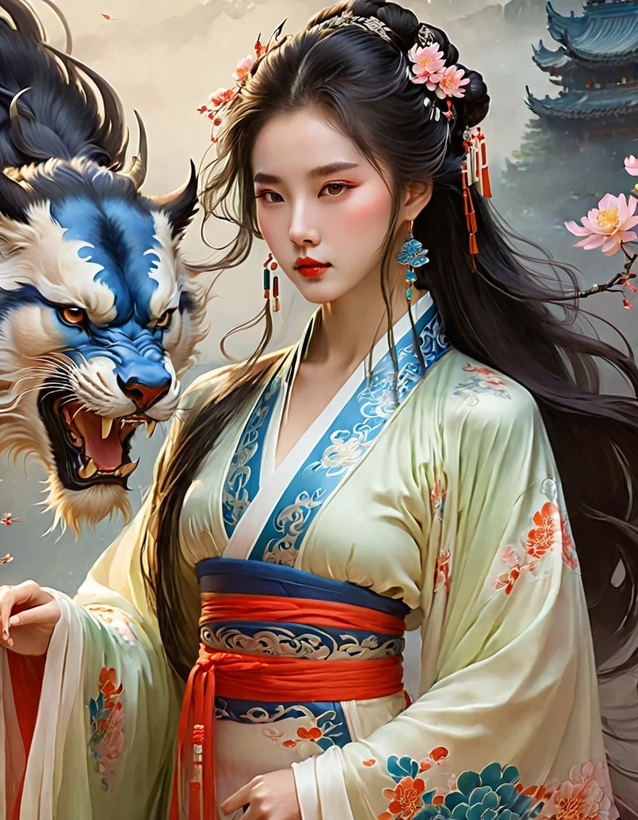anime illustration，Chinese girl，fair，hanfu，beast