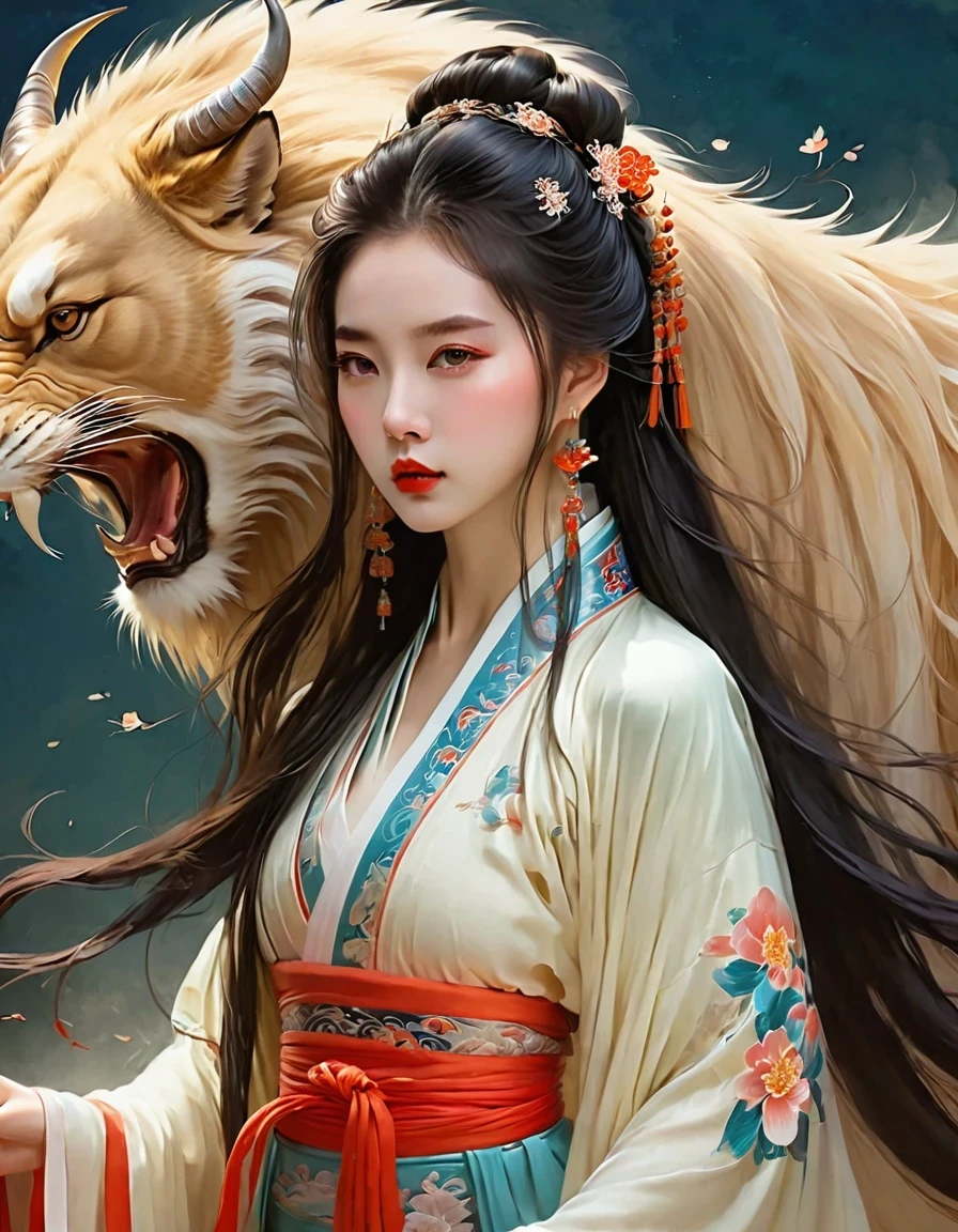 anime illustration,Chinese girl,fair,hanfu,beast