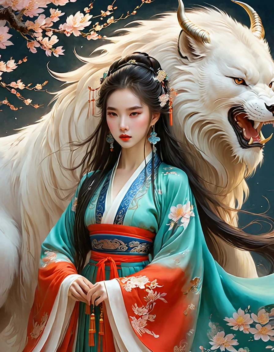 anime illustration,Chinese girl,fair,hanfu,beast