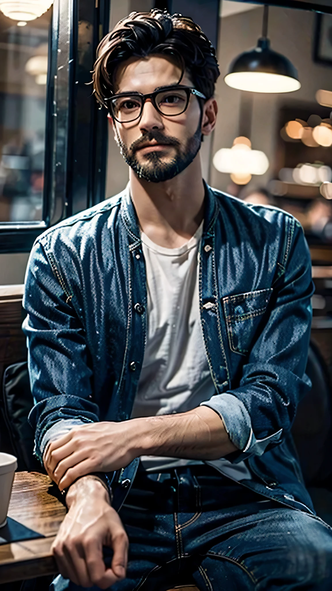 There is a realy handsome man sitting on a cafe ,he is wearing glasses and jacket out side of t shirt, and jeans, he has small beard, he is waiting for his friend, he has very detailed facial features and beautifull eyes, (his expressions are very realistic 1.37), the cafe isvery modern yet traditional ,very good interior design, very good furniture, magical atmosphere,  serene beauty, cinematic masterpiece, ultra HD resolution, 8k,homoerotic, sexy