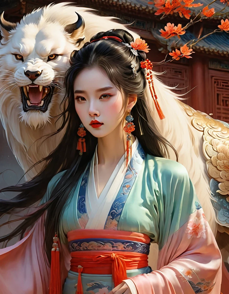 anime illustration,Chinese girl,fair,hanfu,beast