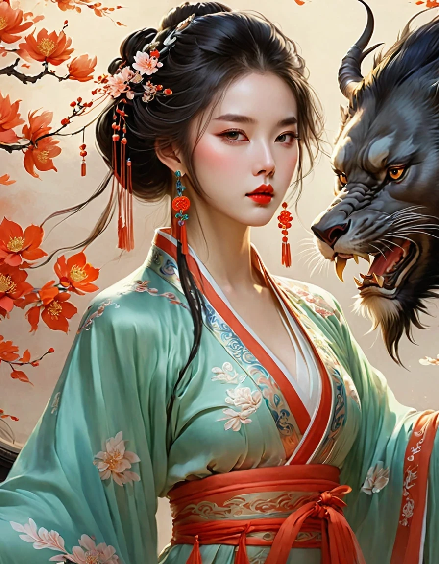 anime illustration,Chinese girl,fair,hanfu,beast