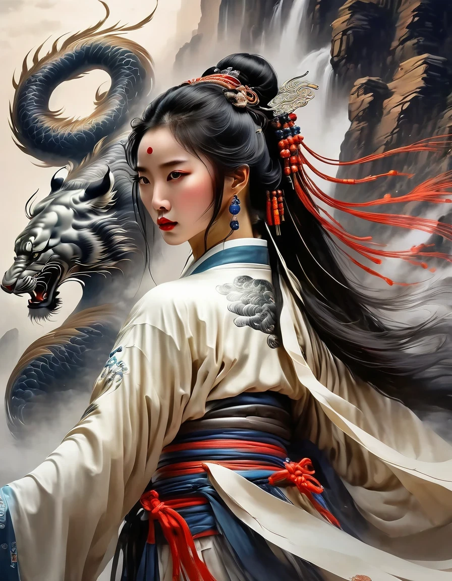 (masterpiece, best quality:1.2), 1 girl, alone,two-dimensional,amazing,Inspired by the myths and legends of Guilin, China:Liu Sanjie,A bust of a woman 白色的长发,black eyes, a woman, Head covered with a cloak, metal jewelry, Serious expression, attack action, lower your head, hanfu, black clothes, eyes cold, loose hair, (ink smudges) beautiful figure painting, Clothing black and white ink style, Delicate skin tone, watercolor, soft, martial arts style, ethnic style, Exquisite and beautiful face, sash, keen vision,black theme,The ferocious beast behind,tiger,body movements,whole body,shoe,sock