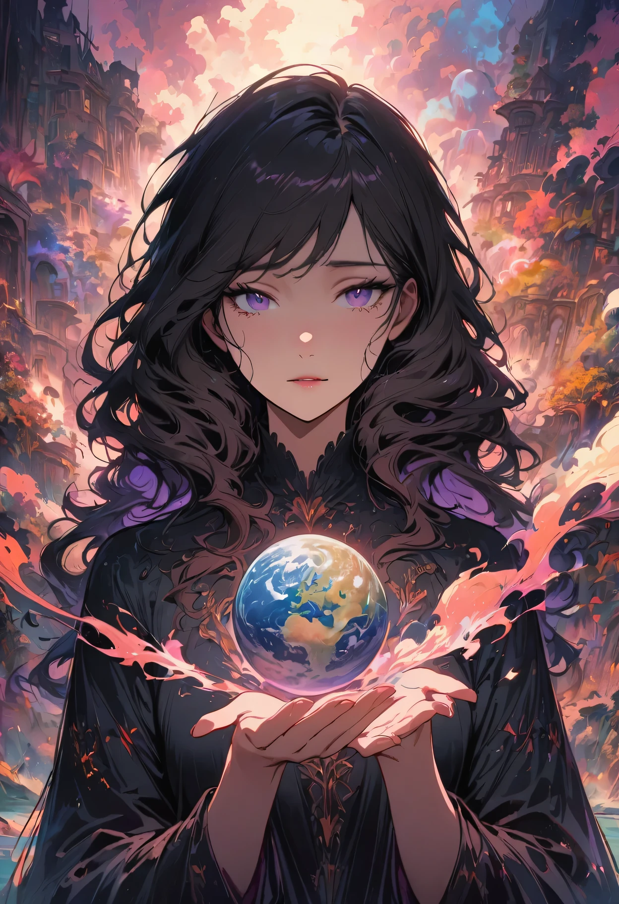 Japanese anime,Earth Guardian,Exquisite features,Tender and sad expression,(best quality,High resolution,masterpiece:1.2),Very detailed,actual:1.37,anime style,shiny color,soft lighting,a handsome man holding a actual representation of Earth,beautiful eyes,Carefully crafted face,strong jawline,flowing hair,fine wrinkles around the eyes,soft, Expressive lips,Big deal, soulful eyes,sharp gaze,Eyes watering slightly,There were tears on his cheeks,faint smile,Slender figure,Stylish clothing with intricate details,Detailed hands and fingers,Subtle highlights and shadows on skin,Dynamic pose of man holding earth in one hand,The other hand stretches to the sky,Background with futuristic cityscape and floating islands,Glowing particles around people,Carefully rendered textures on the Earth,Twinkling stars in the night sky,Emotional atmosphere,A sense of responsibility and yearning for the world,moody、Atmospheric scenery,The magical aura surrounding humanity and the planet,Engaging and emotionally rich narrative,The attention to detail in every aspect of the artwork is impressive,Improve craftsmanship,immersive and actual anime-inspired art style