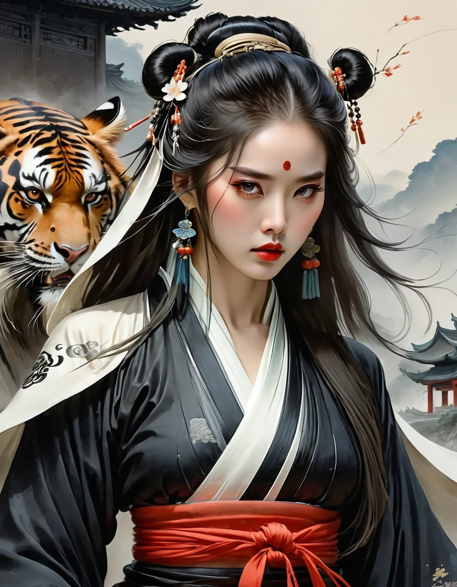 (masterpiece, best quality:1.2), 1 girl, alone,two-dimensional,amazing,Inspired by the myths and legends of Guilin, China:Liu Sanjie,A bust of a woman 白色的长发,black eyes, a woman, Head covered with a cloak, metal jewelry, Serious expression, attack action, lower your head, hanfu, black clothes, eyes cold, loose hair, (ink smudges) beautiful figure painting, Clothing black and white ink style, Delicate skin tone, watercolor, soft, martial arts style, ethnic style, Exquisite and beautiful face, sash, keen vision,black theme,The ferocious beast behind,tiger,body movements,whole body,shoe,sock