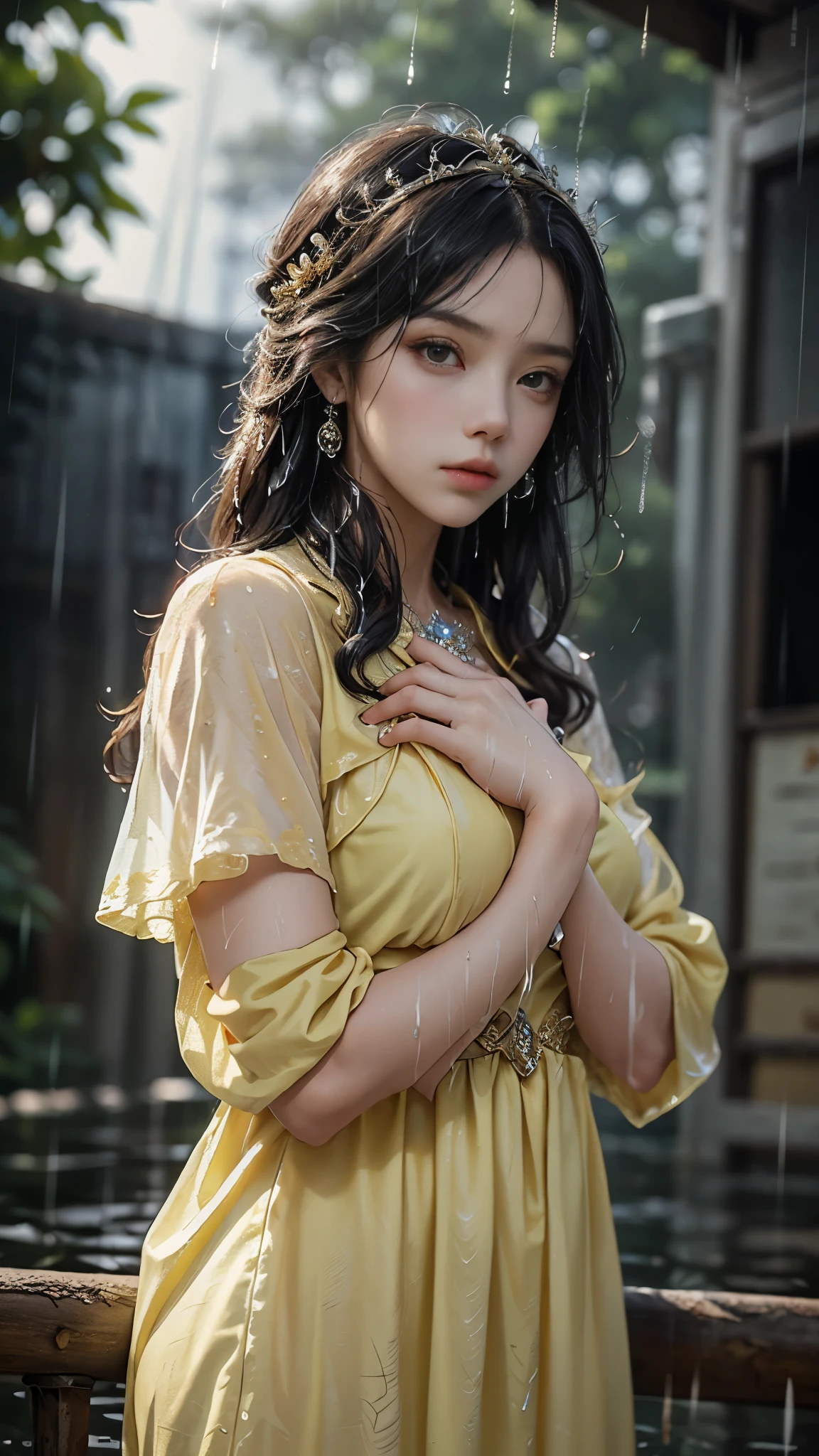 a woman in a yellow dress, realistic Art Station, (hard raining:1.5), Detailed Fantasy Art, Stunning Character Art, beautiful Exquisite Character Art, Beautiful yellow Armor, Extremely Detailed, yellow armor Girl, Exquisite Intricate Headdress and Jewellery,