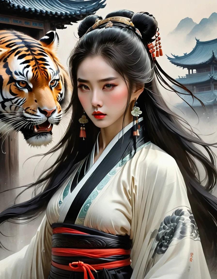 (masterpiece, best quality:1.2), 1 girl, alone,two-dimensional,amazing,Inspired by the myths and legends of Guilin, China:Liu Sanjie,A bust of a woman 白色的长发,black eyes, a woman, Head covered with a cloak, metal jewelry, Serious expression, attack action, lower your head, hanfu, black clothes, eyes cold, loose hair, (ink smudges) beautiful figure painting, Clothing black and white ink style, Delicate skin tone, watercolor, soft, martial arts style, ethnic style, Exquisite and beautiful face, sash, keen vision,black theme,The ferocious beast behind,tiger,body movements,whole body,shoe,sock