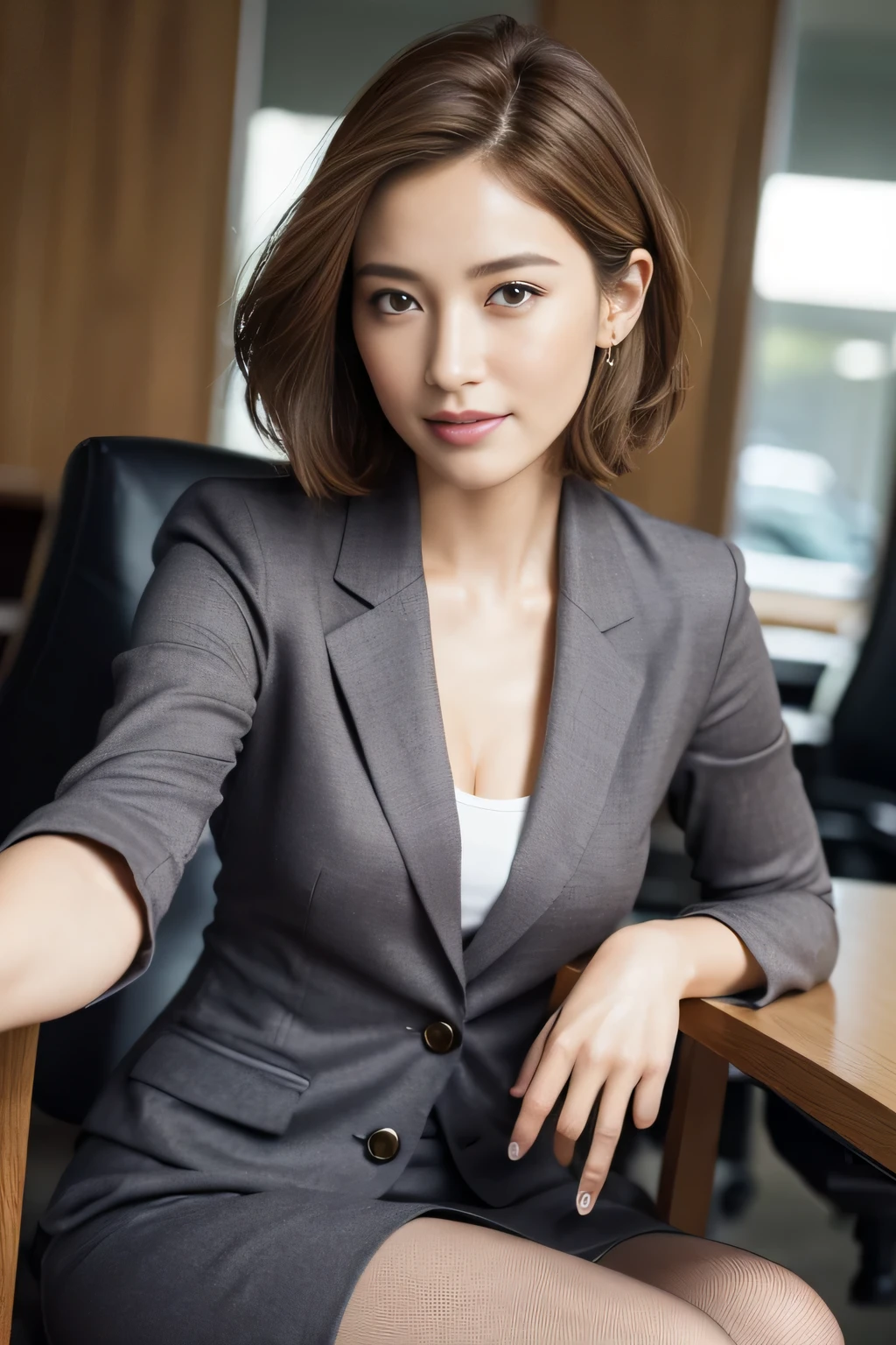 table top, highest quality, realistic, Super detailed, finely, High resolution, 8k wallpaper, 1 beautiful woman,, light brown messy hair, wearing a business suit, sharp focus, perfect dynamic composition, finelyて美しい目, thin hair, Detailed and realistic skin texture, smile,  model body shape、beautiful feet、sitting on the director&#39;chair、short hair